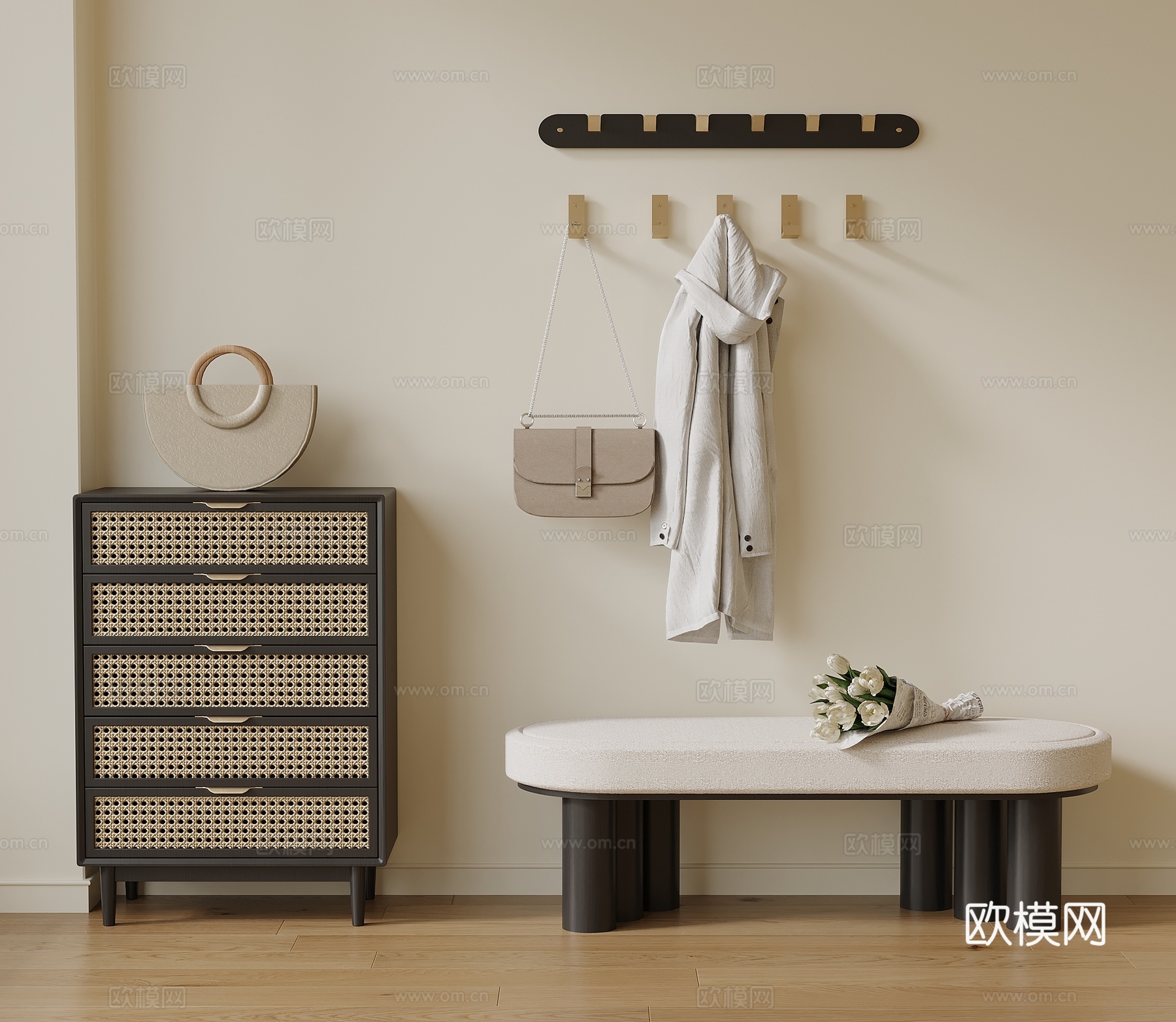 法式复古玄关 鞋柜 换鞋凳 衣架su模型