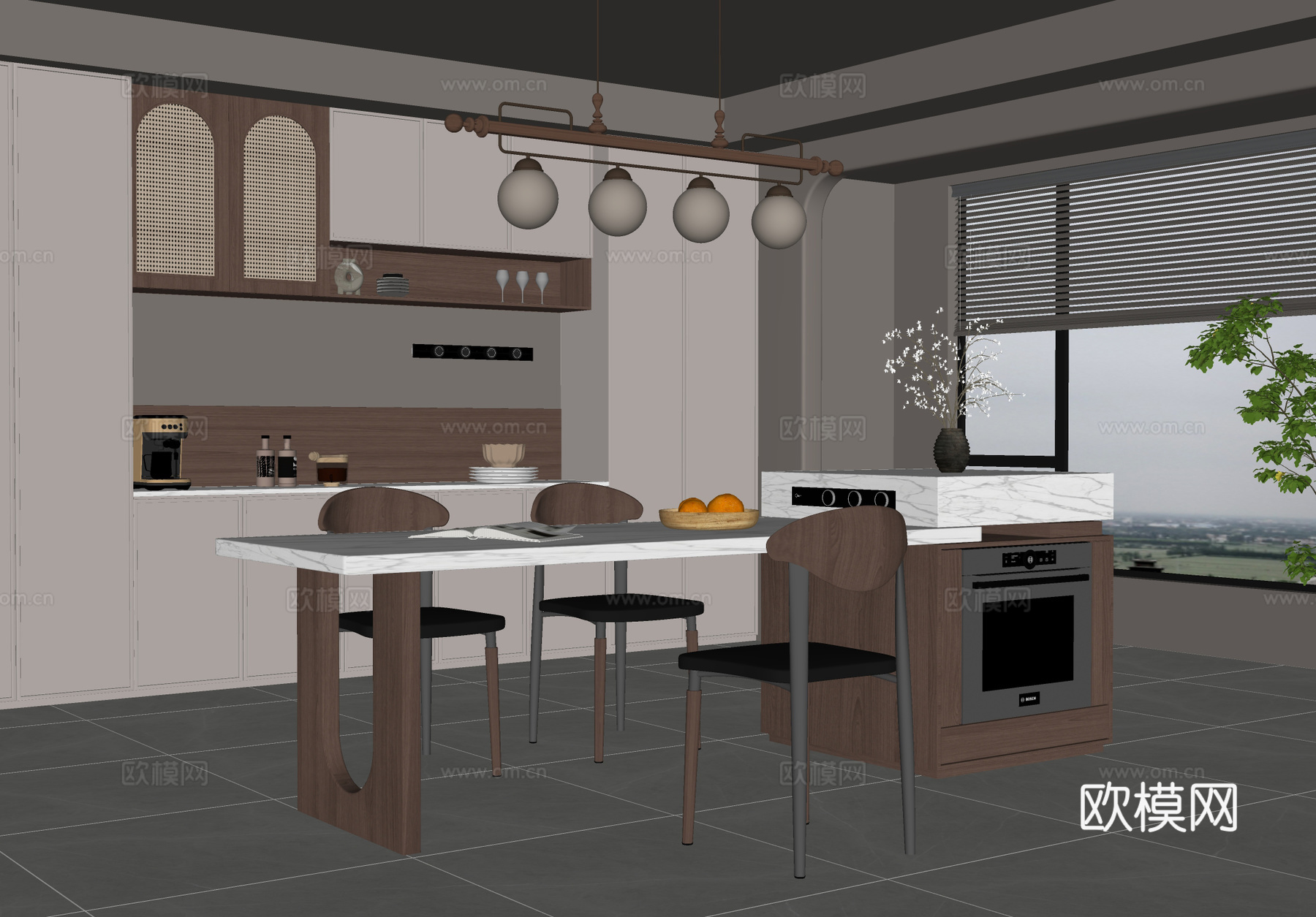 中古风餐厅  岛台餐厅su模型