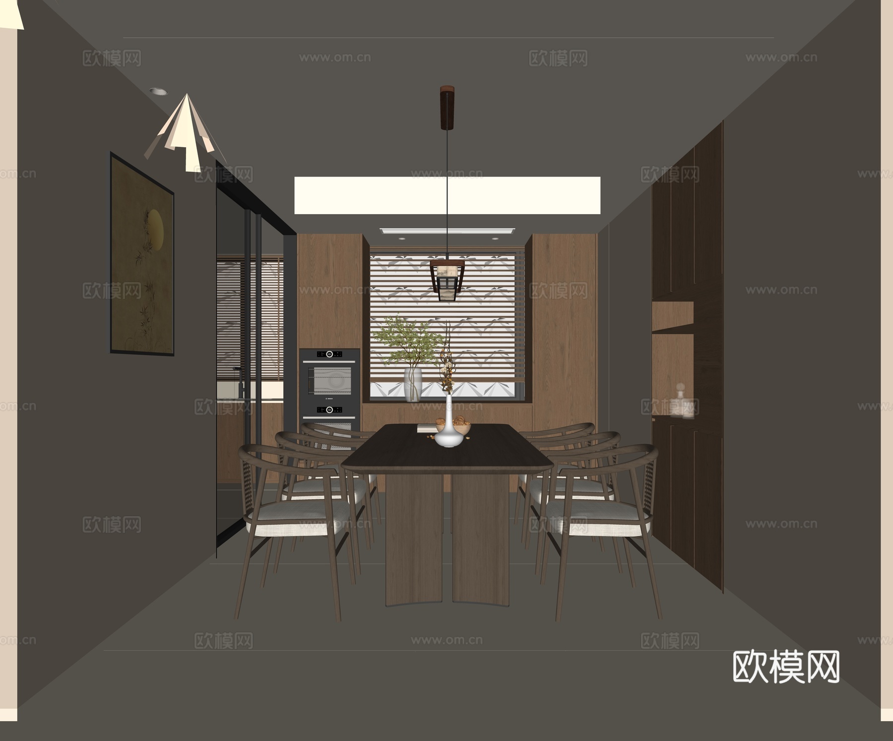 宋式餐厅 新中式餐厅 餐桌椅组合 长方形餐桌 六人餐桌椅su模型