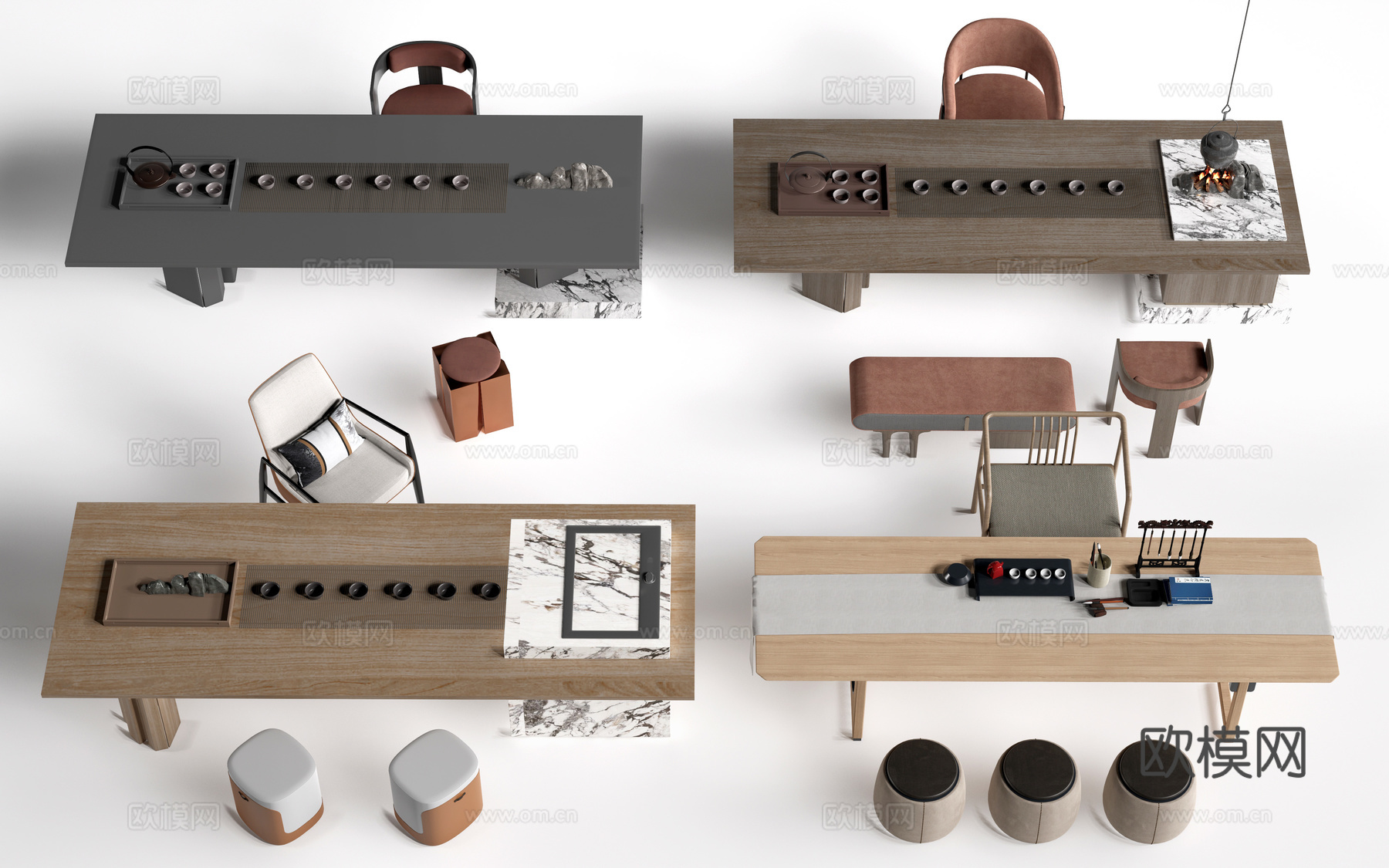 新中式茶桌椅 茶台 茶室桌椅su模型