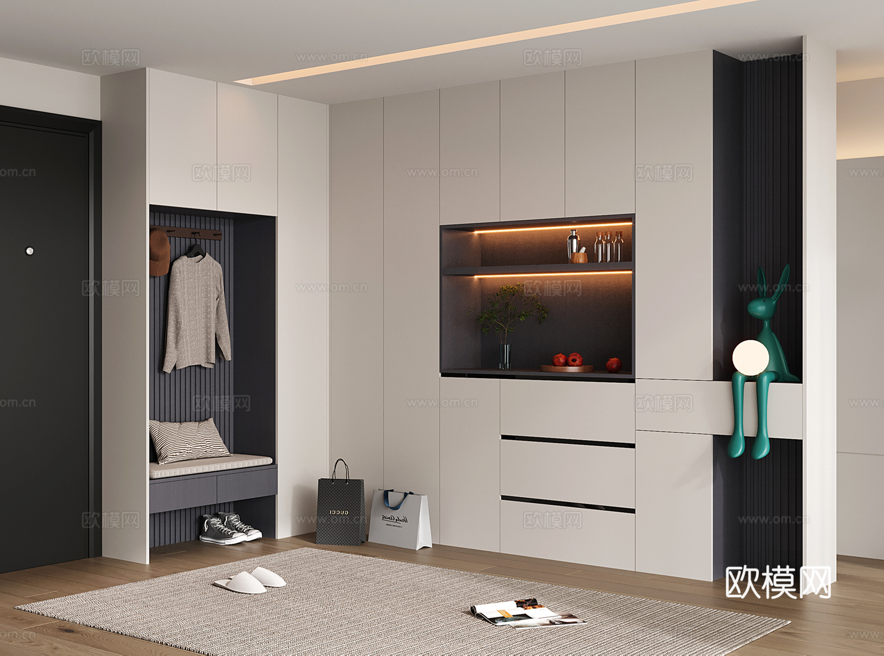 现代酒柜鞋柜一体柜 拐角鞋柜酒柜 鞋柜换鞋凳 酒柜免费su模型