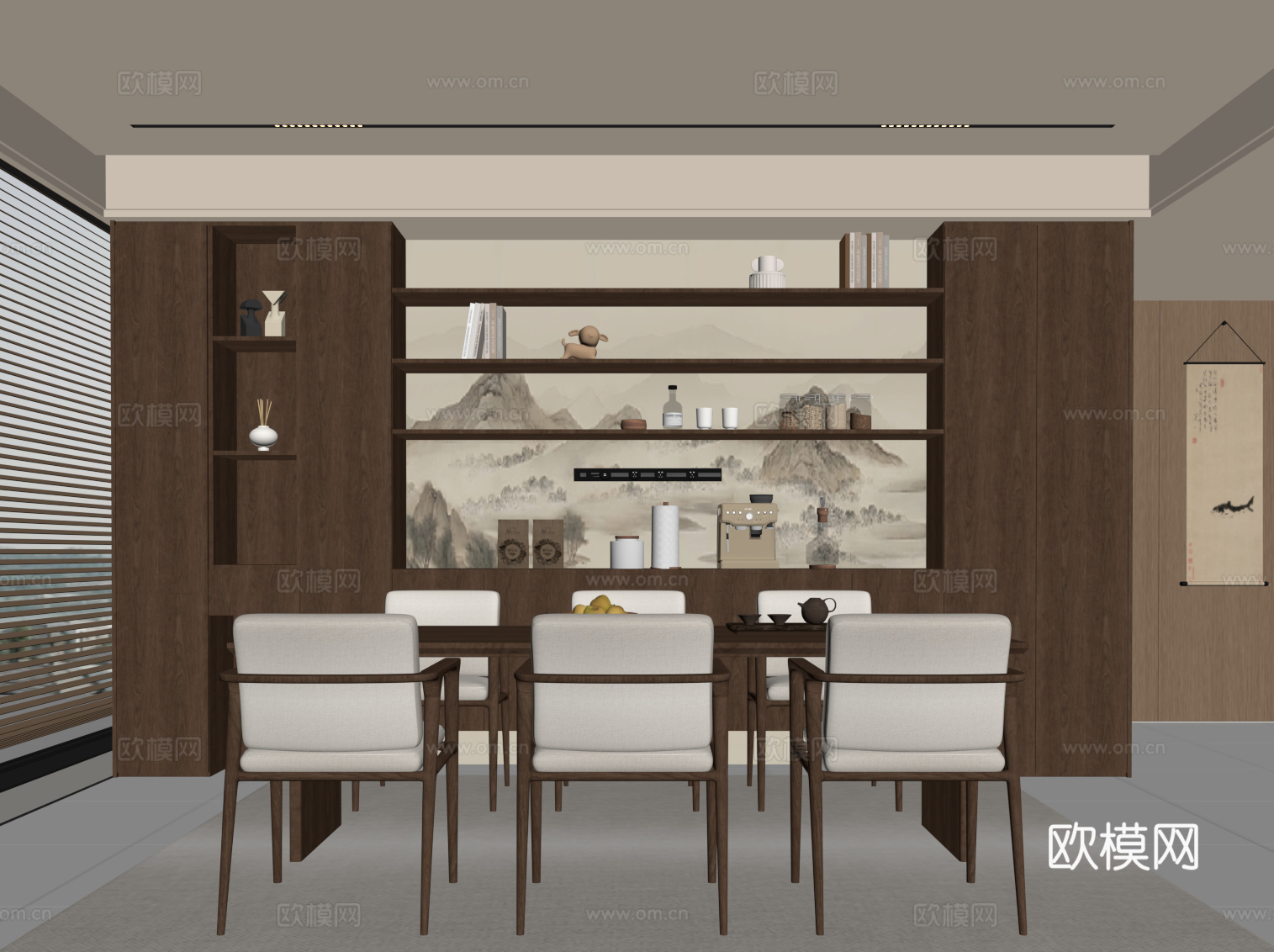 新中式餐厅 宋式餐厅 酒柜 餐边柜 餐桌椅su模型