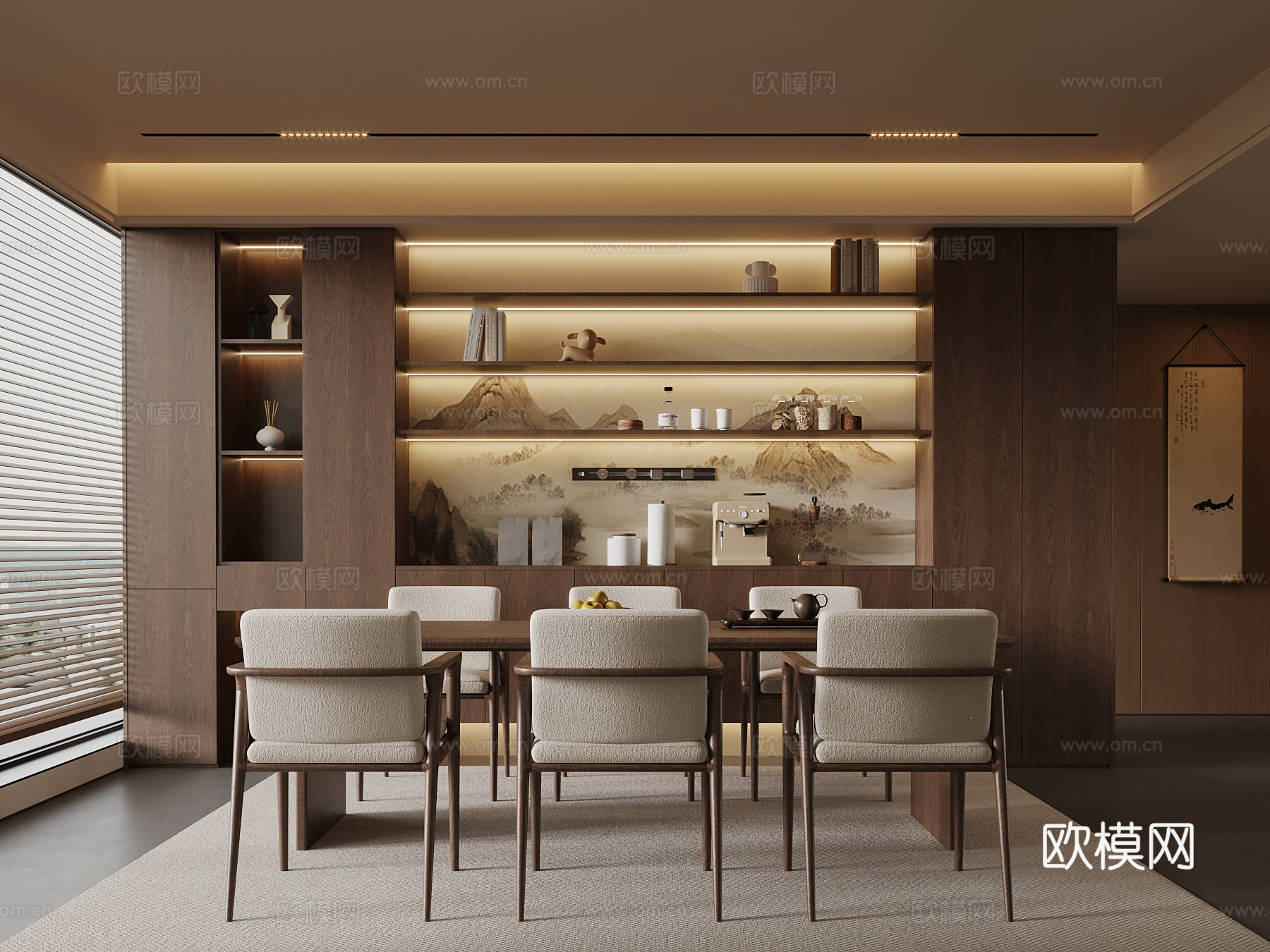新中式餐厅 宋式餐厅 酒柜 餐边柜 餐桌椅su模型