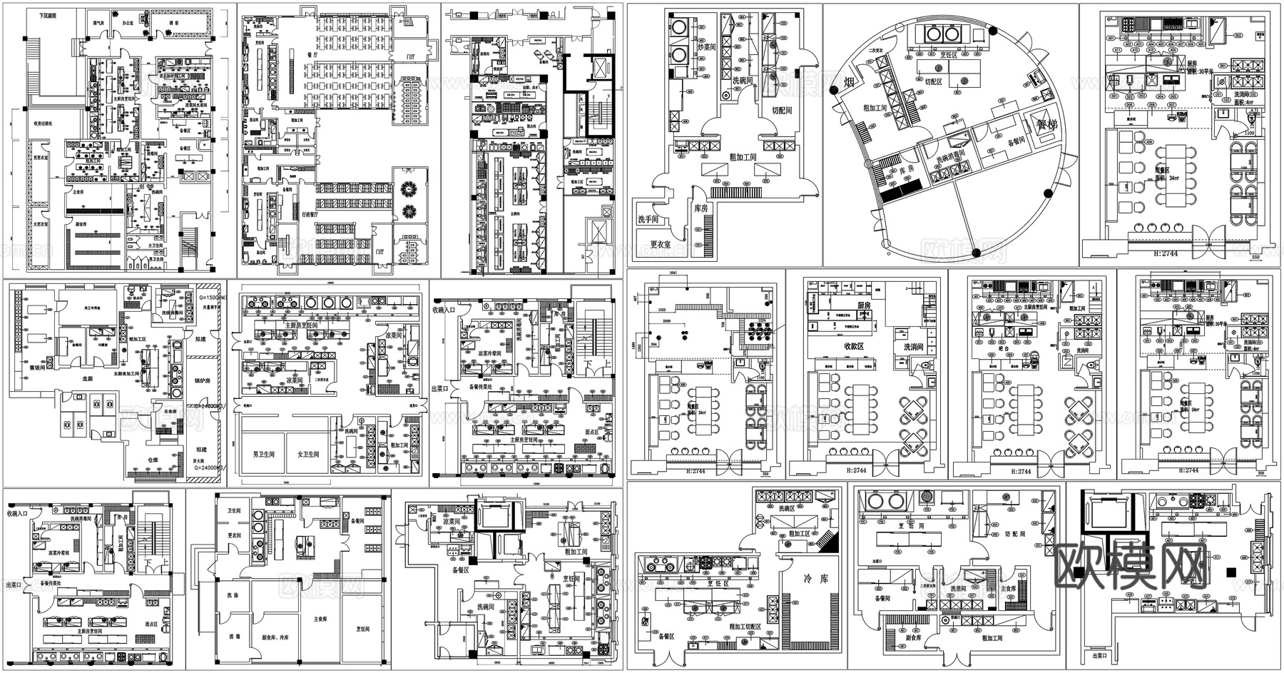 餐饮平面布局餐厅酒店厨房后厨平面CAD素材图库cad施工图