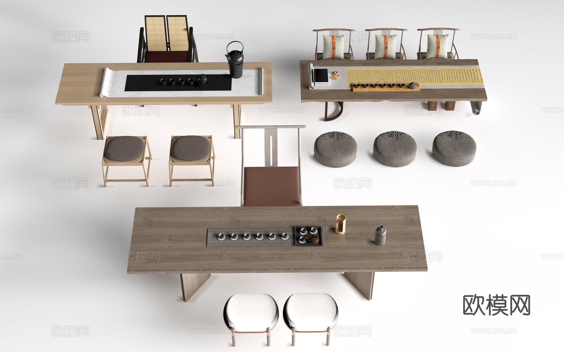 新中式茶桌椅 茶台 茶室桌椅su模型