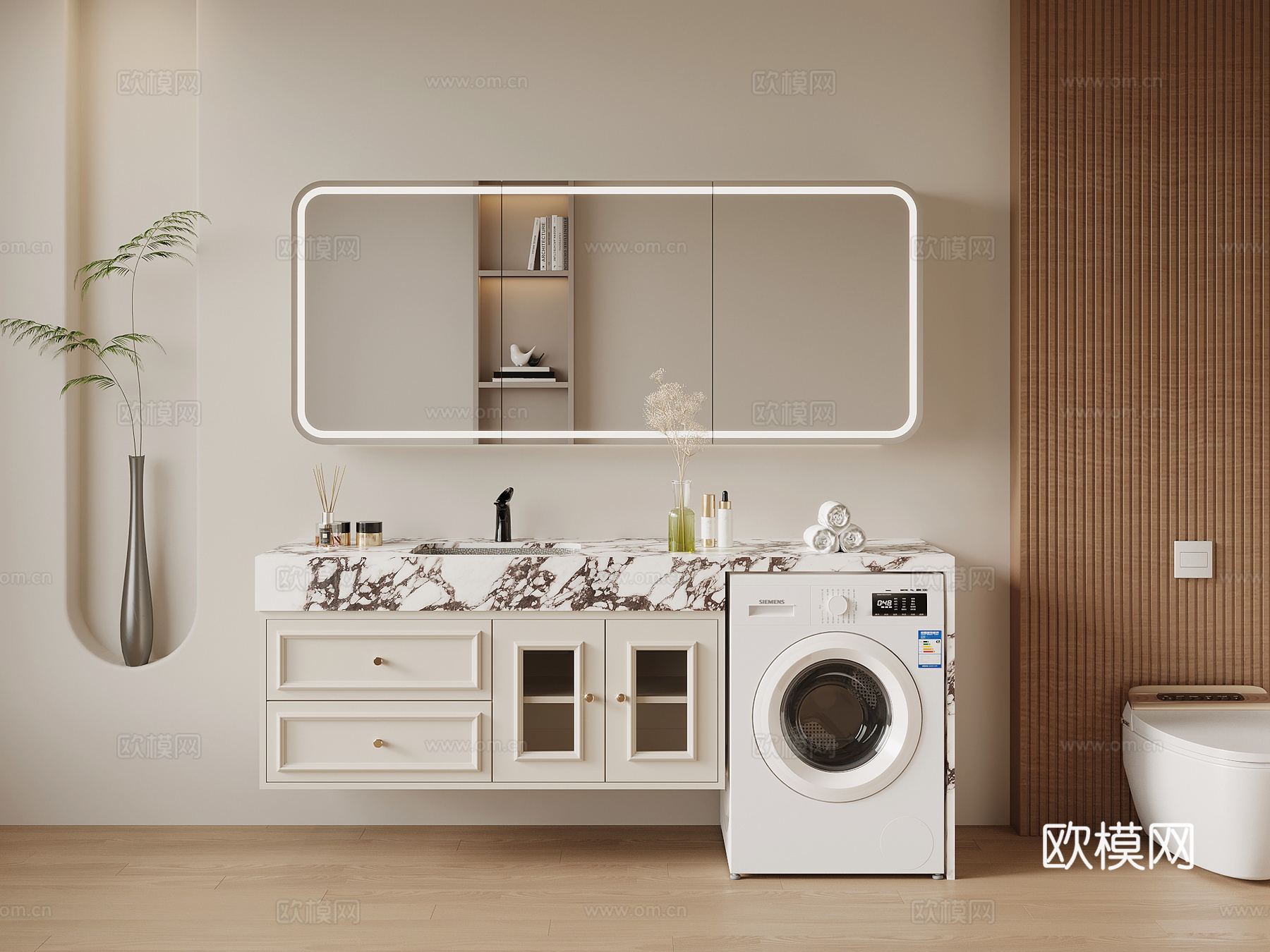 法式奶油风浴室柜 洗衣机柜su模型