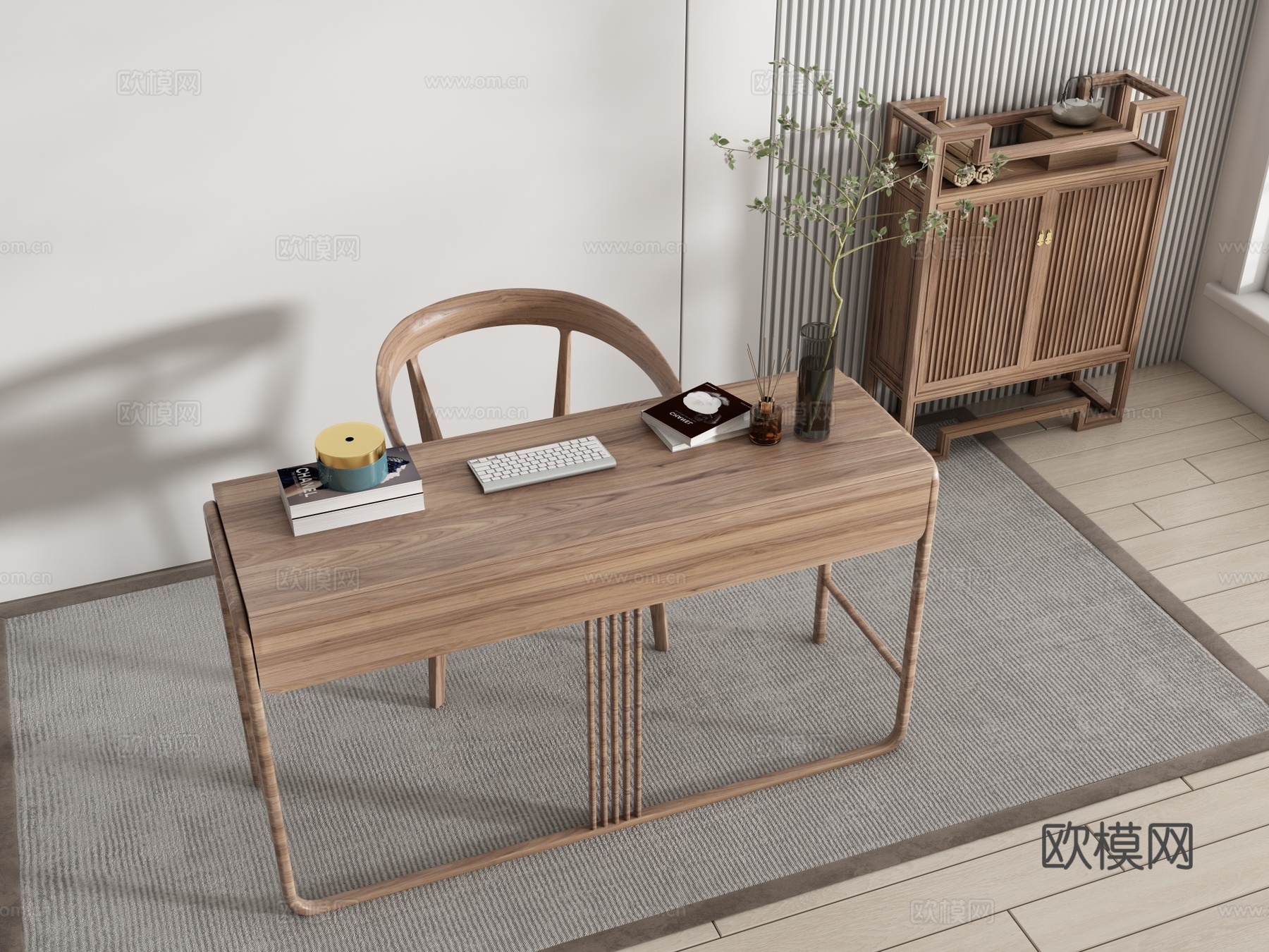新中式书桌椅组合 摆件组合 书桌su模型