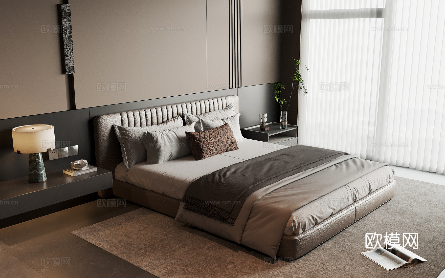 现代意式卧室 双人床su模型