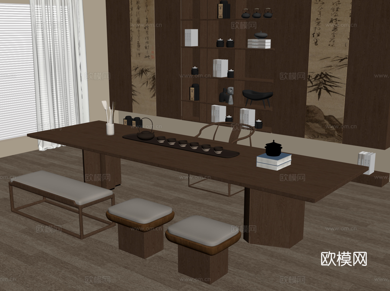 新中式茶室 茶桌椅 茶柜su模型
