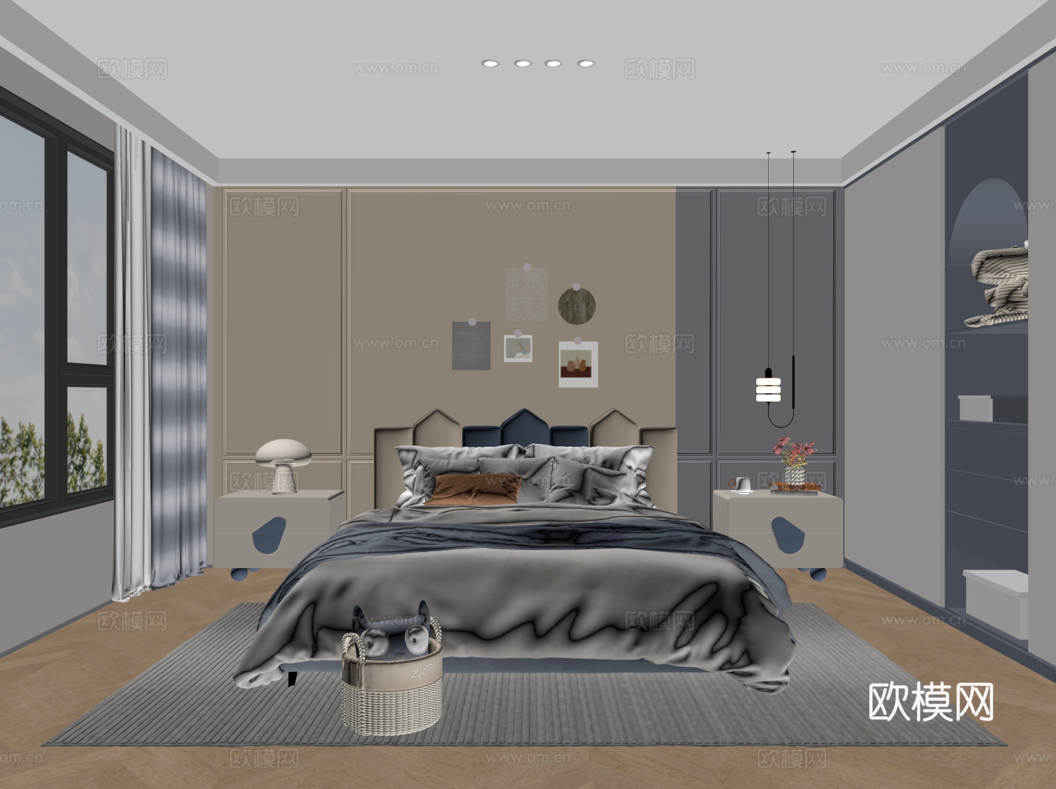 现代儿童房 男孩房 双人床 衣柜su模型