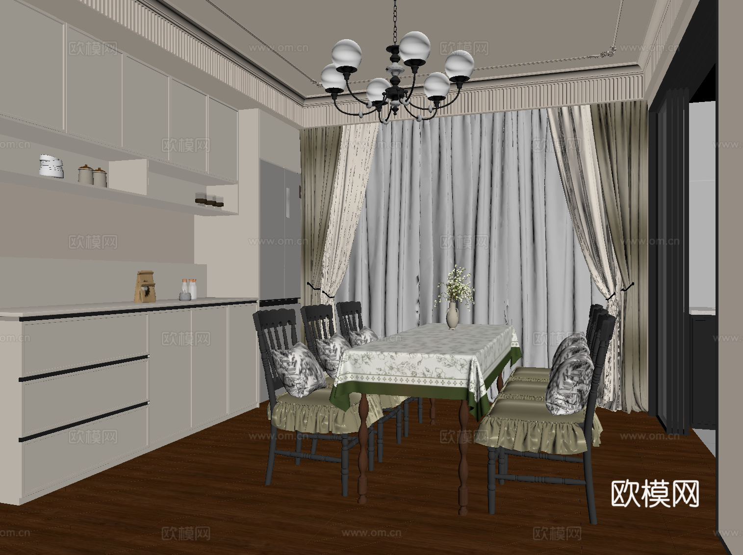 法式餐厅 餐桌椅 餐柜su模型