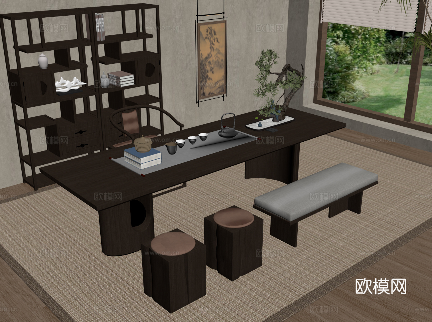 新中式茶室 茶桌椅 博古架su模型
