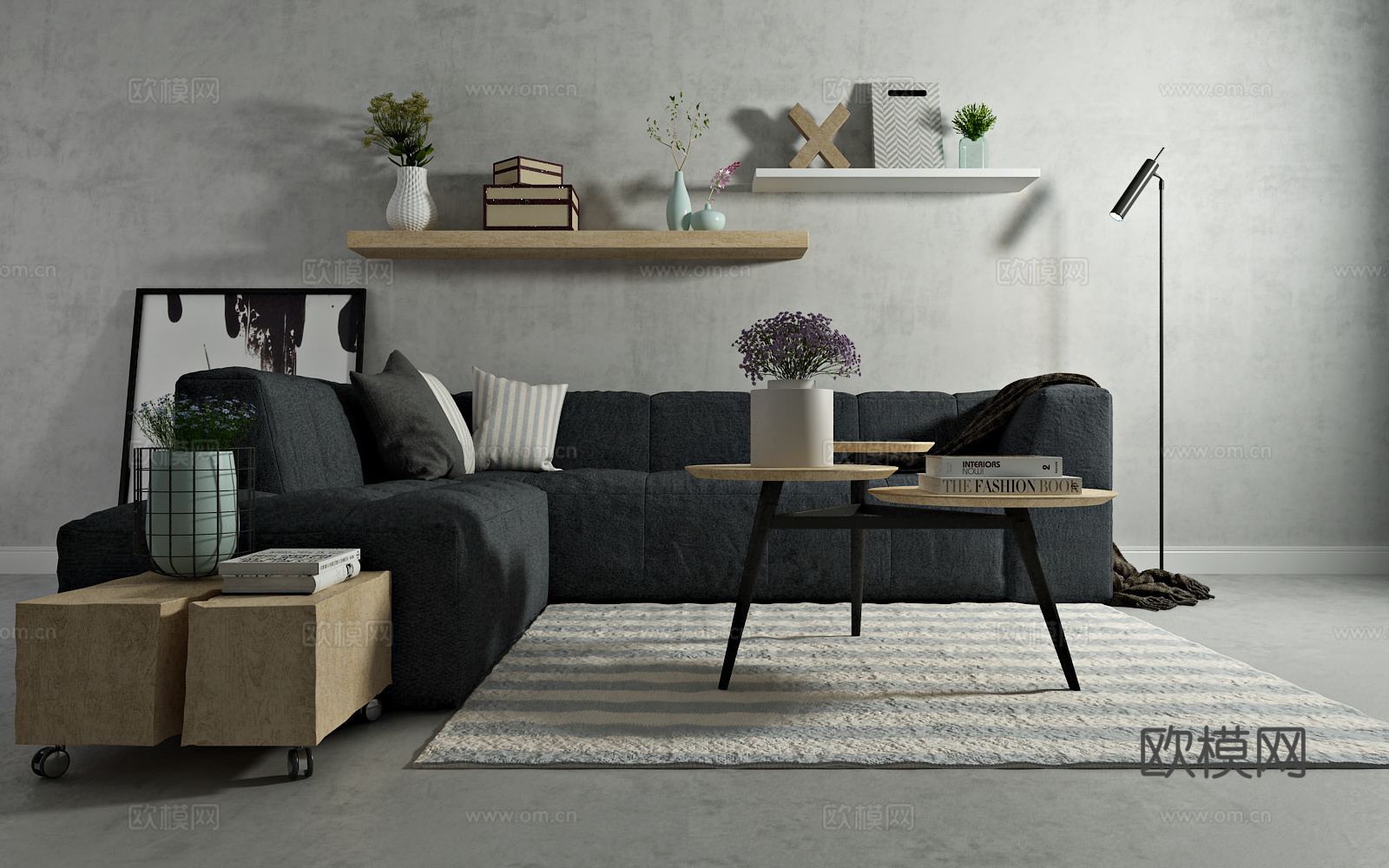 北欧沙发 茶几 装饰画3d模型下载（渲染图1）