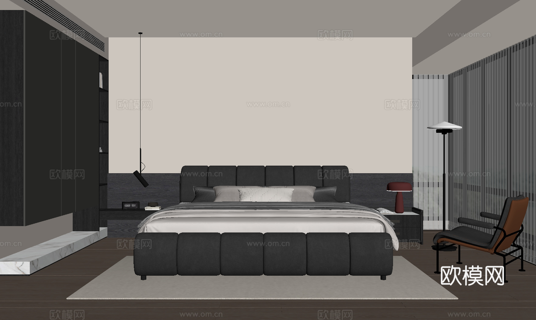 现代意式卧室 双人床su模型