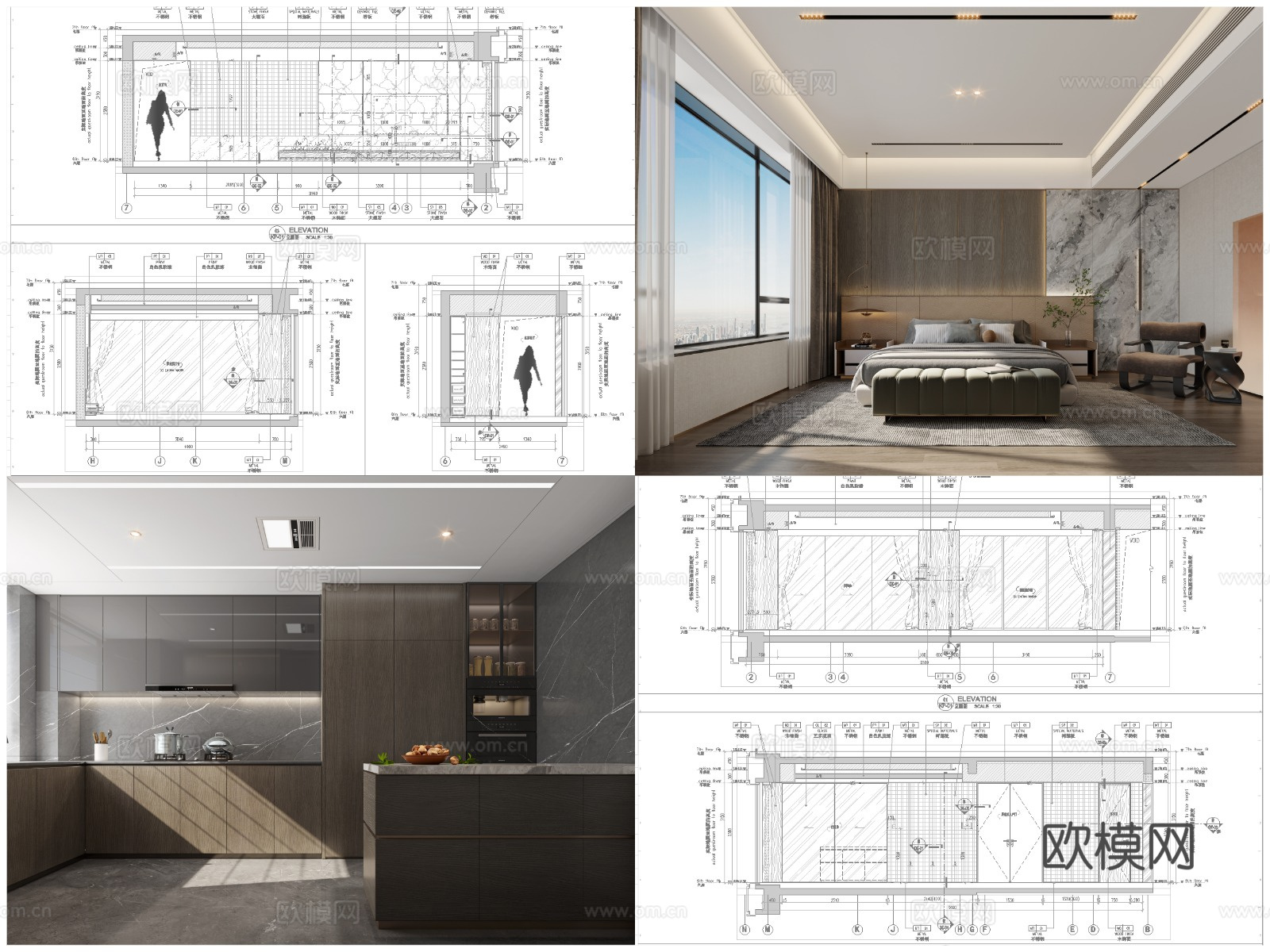 2套轻奢样板间平层 最新全套 效果图 施工图设计cad施工图
