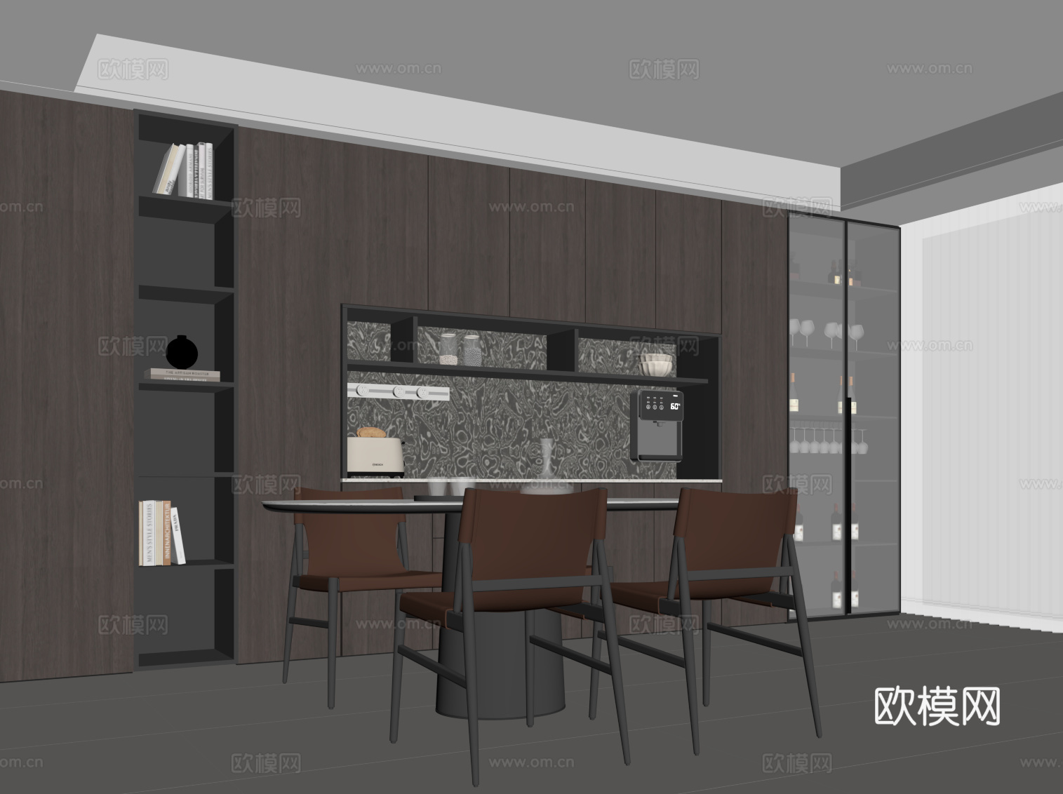 现代意式餐厅 餐桌椅 餐边柜su模型