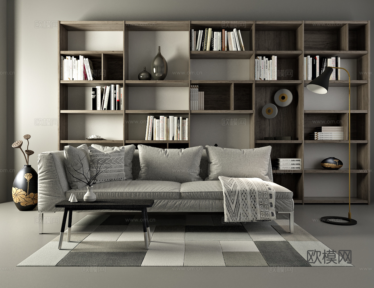 北欧沙发 茶几 书柜 书架3d模型下载（渲染图1）