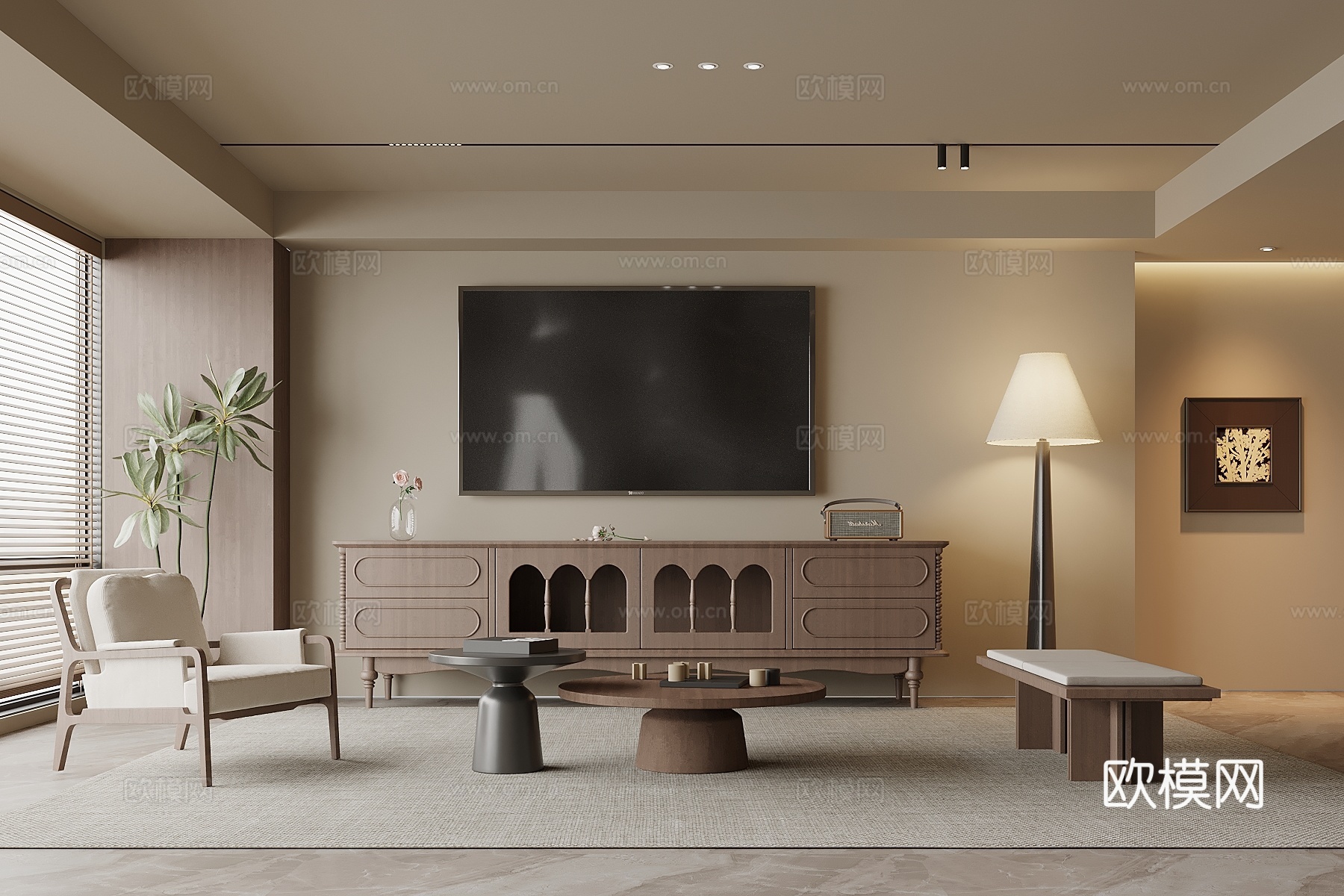 中古风客厅 电视柜 沙发茶几组合su模型