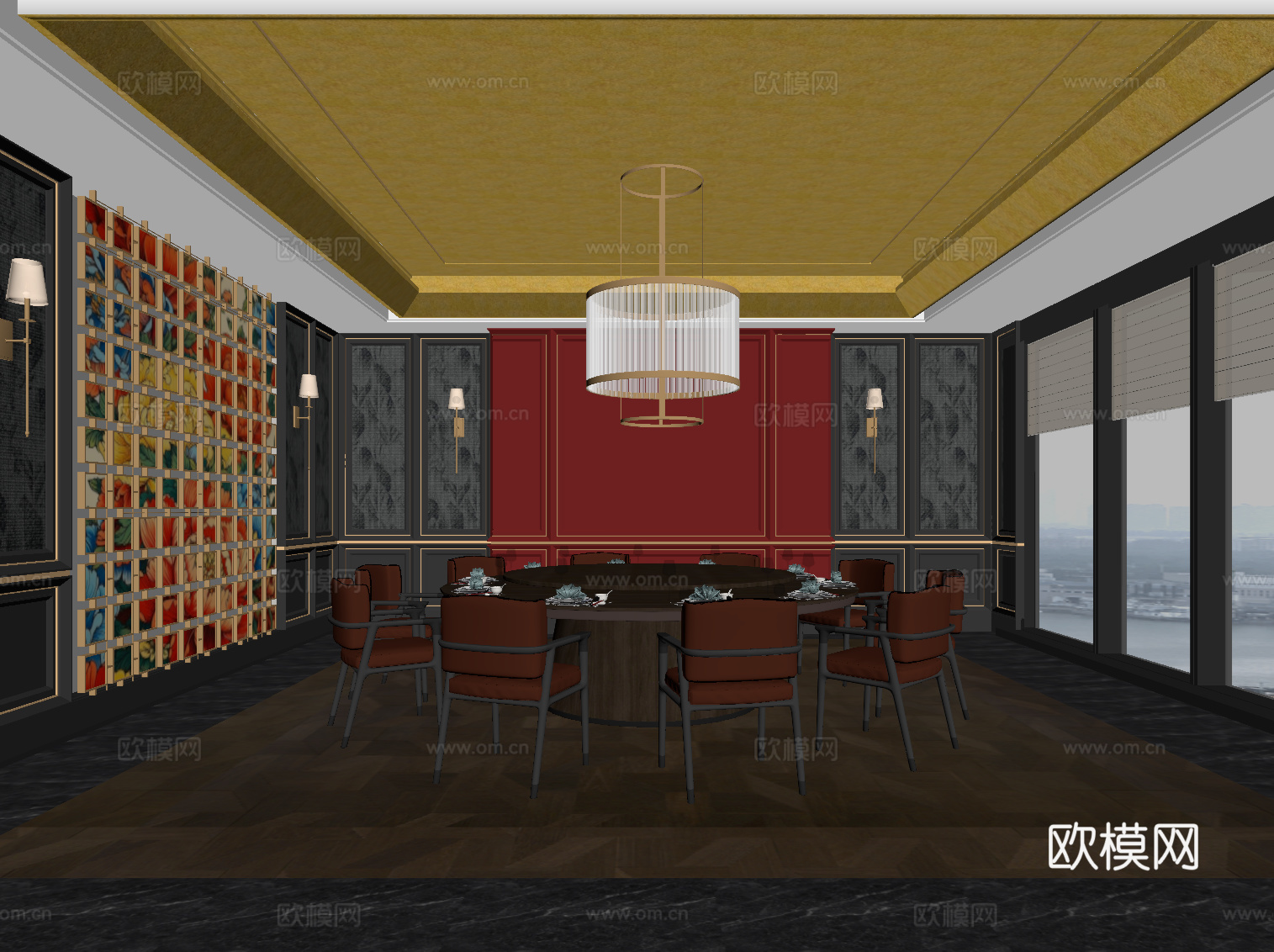 新中式包厢 包间 餐桌椅 法式包间su模型