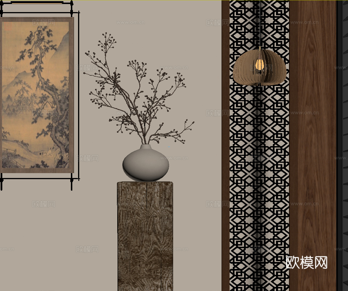 新中式花瓶 枯枝摆件su模型