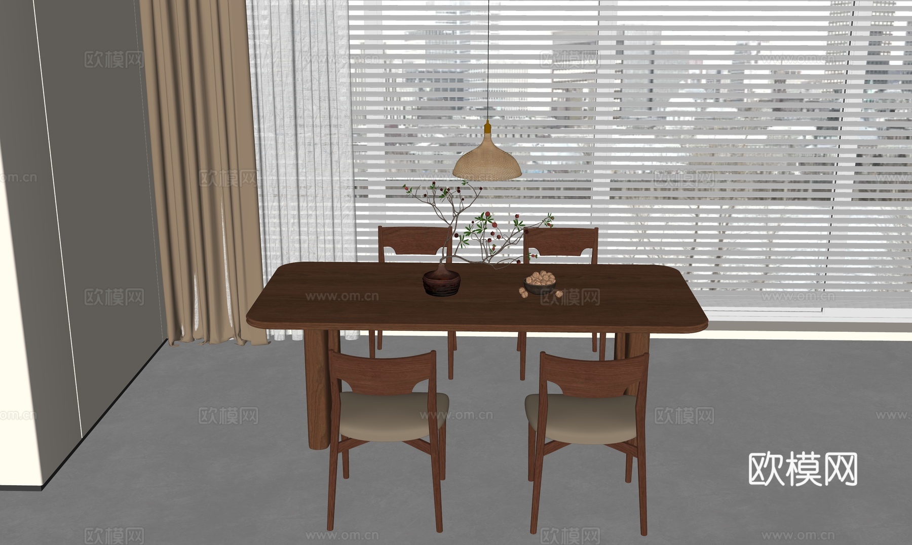 中古复古餐桌椅 长方形餐桌椅su模型