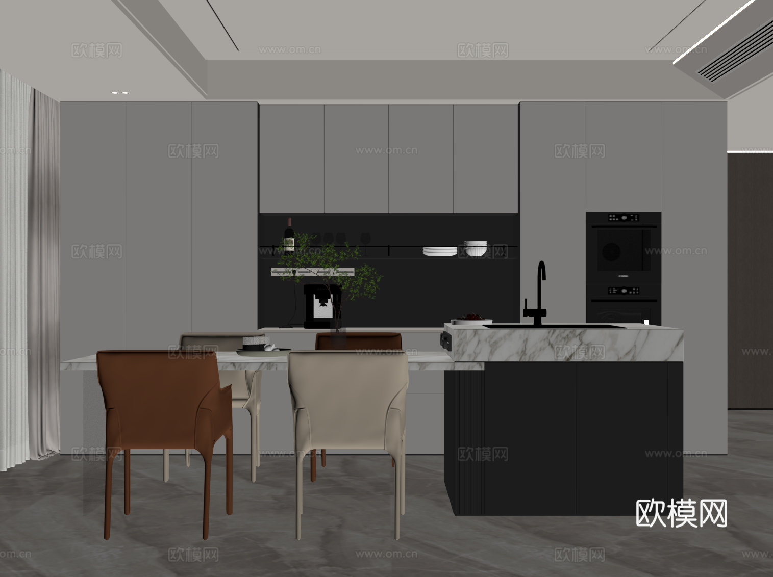 现代餐厅 餐桌椅 岛台 餐边柜su模型