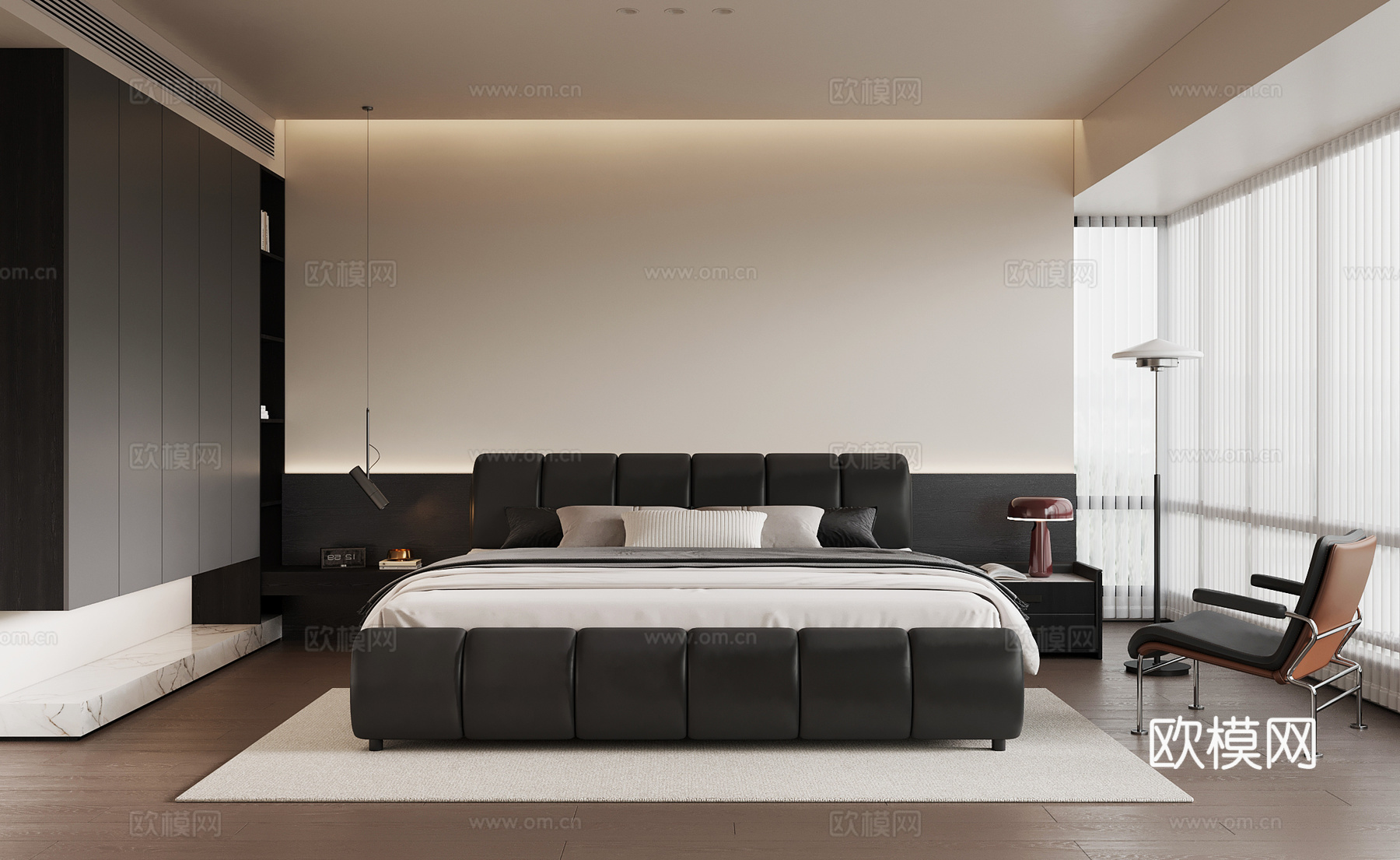 现代意式卧室 双人床su模型