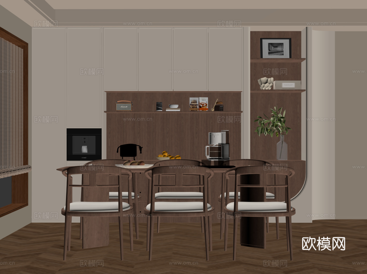 中古风餐厅 餐边柜 餐桌椅su模型