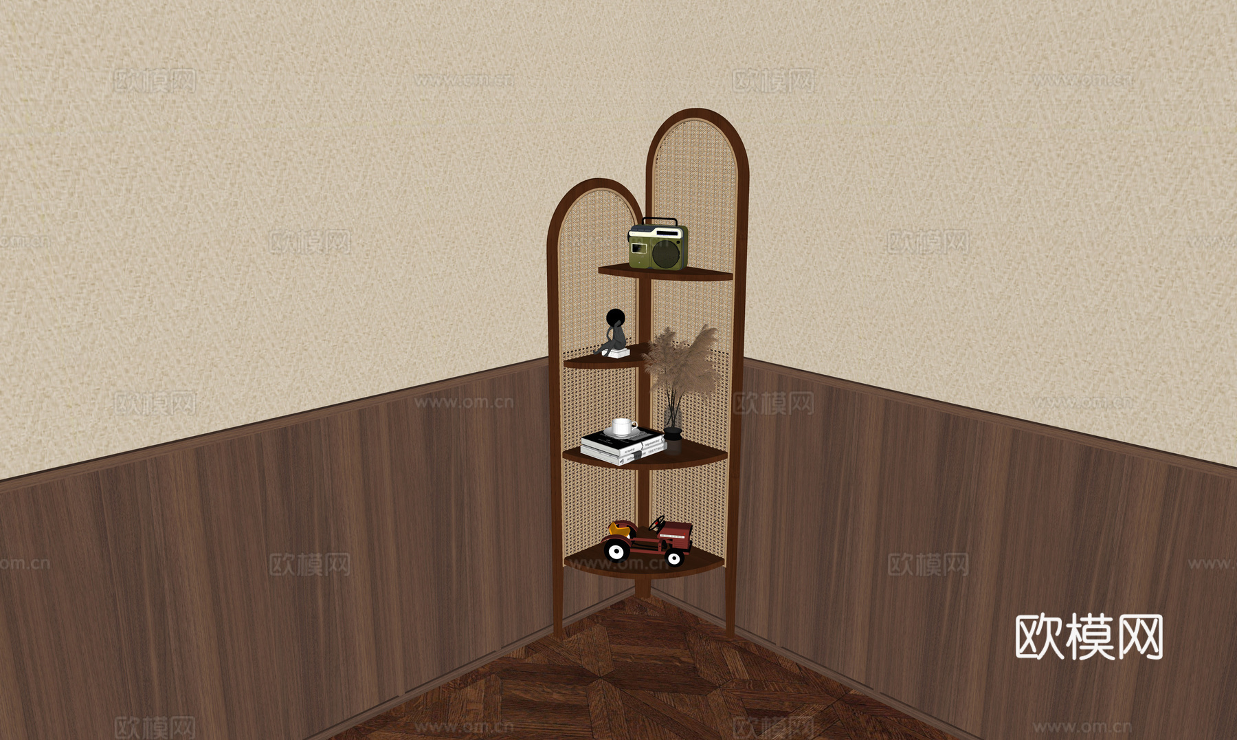 中古新中式屏风 中古玄关架 置物架 藤编置物架 屏风su模型