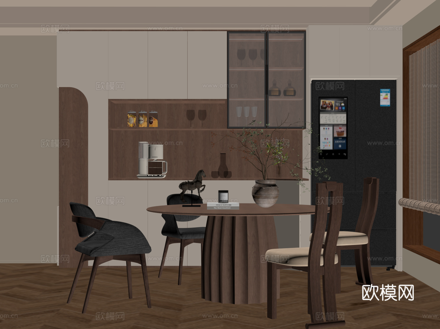 中古风餐厅 餐边柜 餐桌椅 圆桌su模型