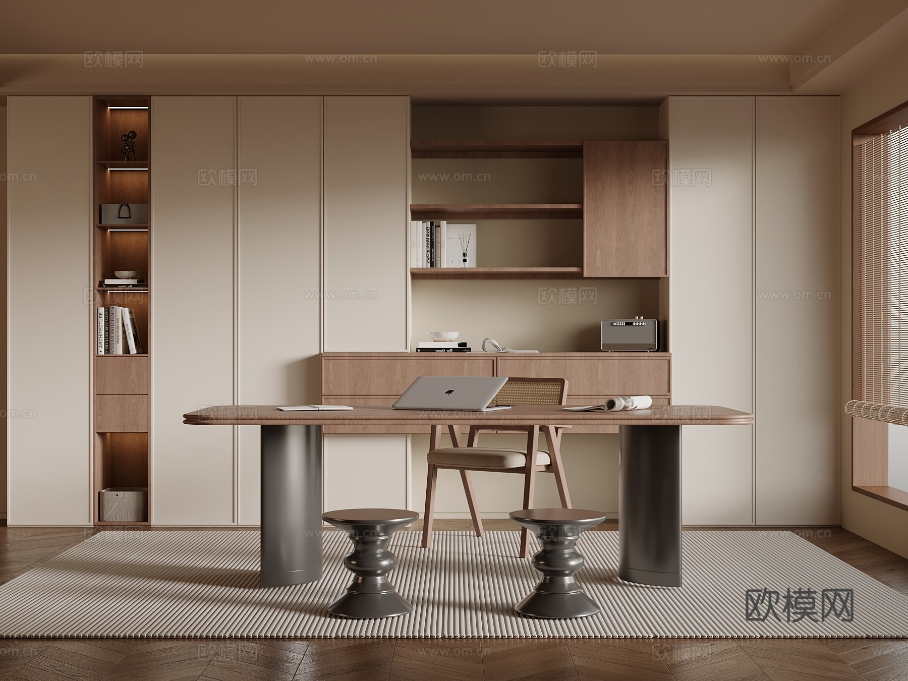 中古风书房 书柜 书桌椅su模型