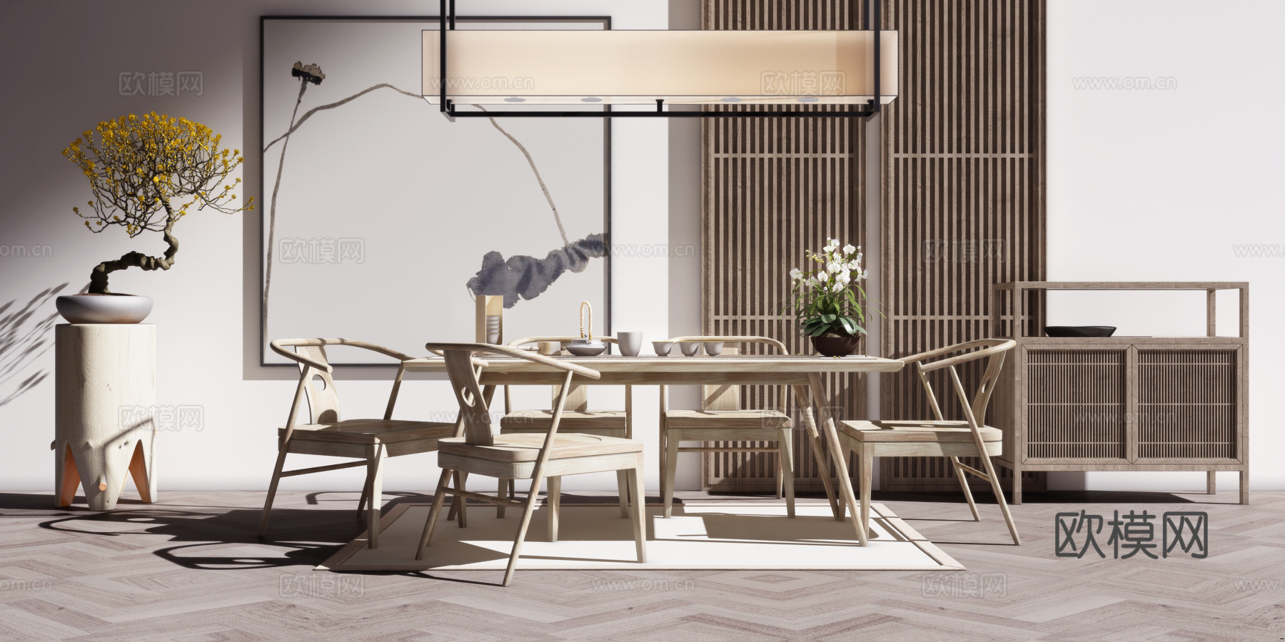 新中式茶桌椅吊灯3d模型下载（渲染图1）