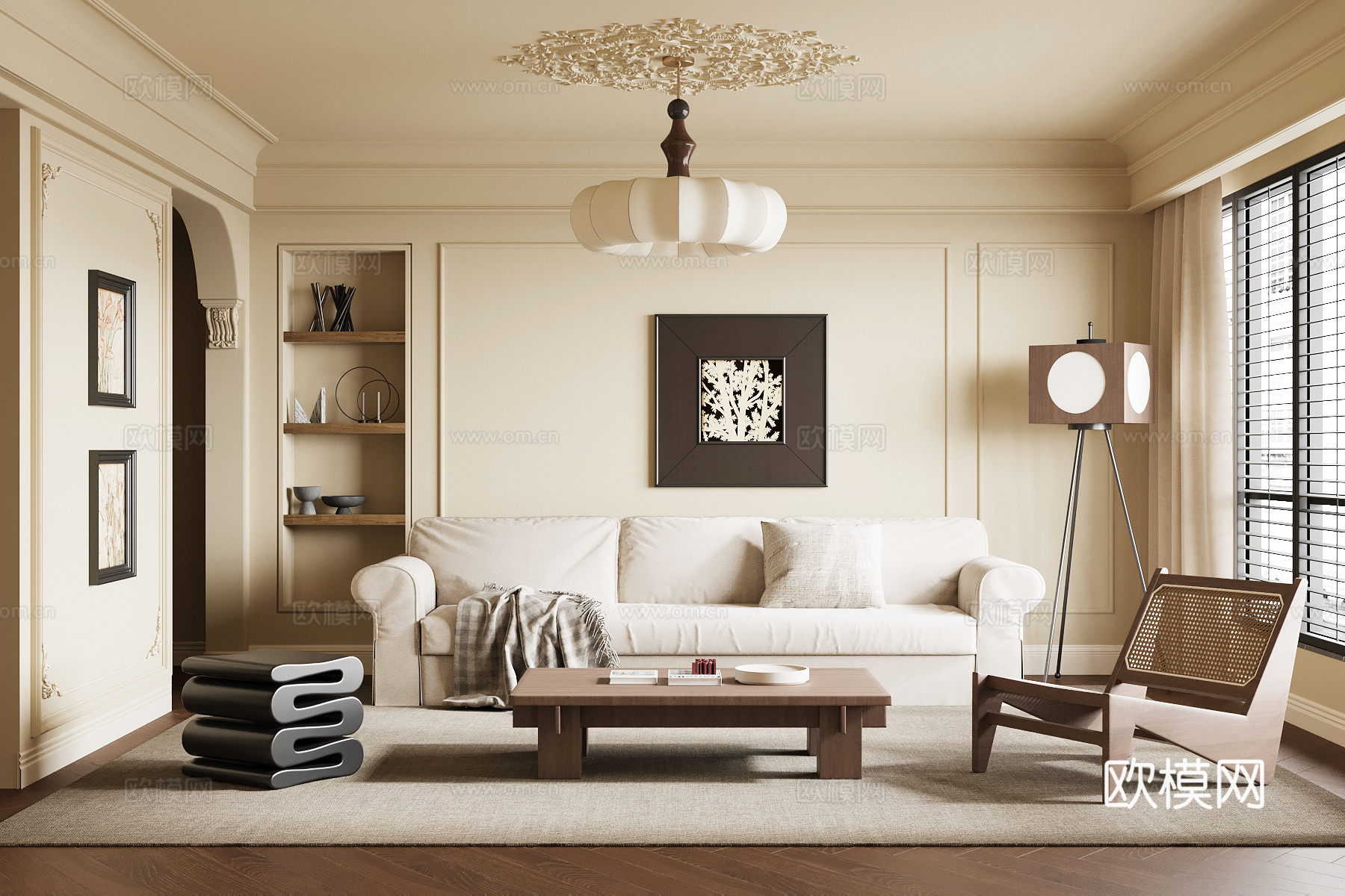 中古风客厅 沙发茶几组合 背景墙su模型