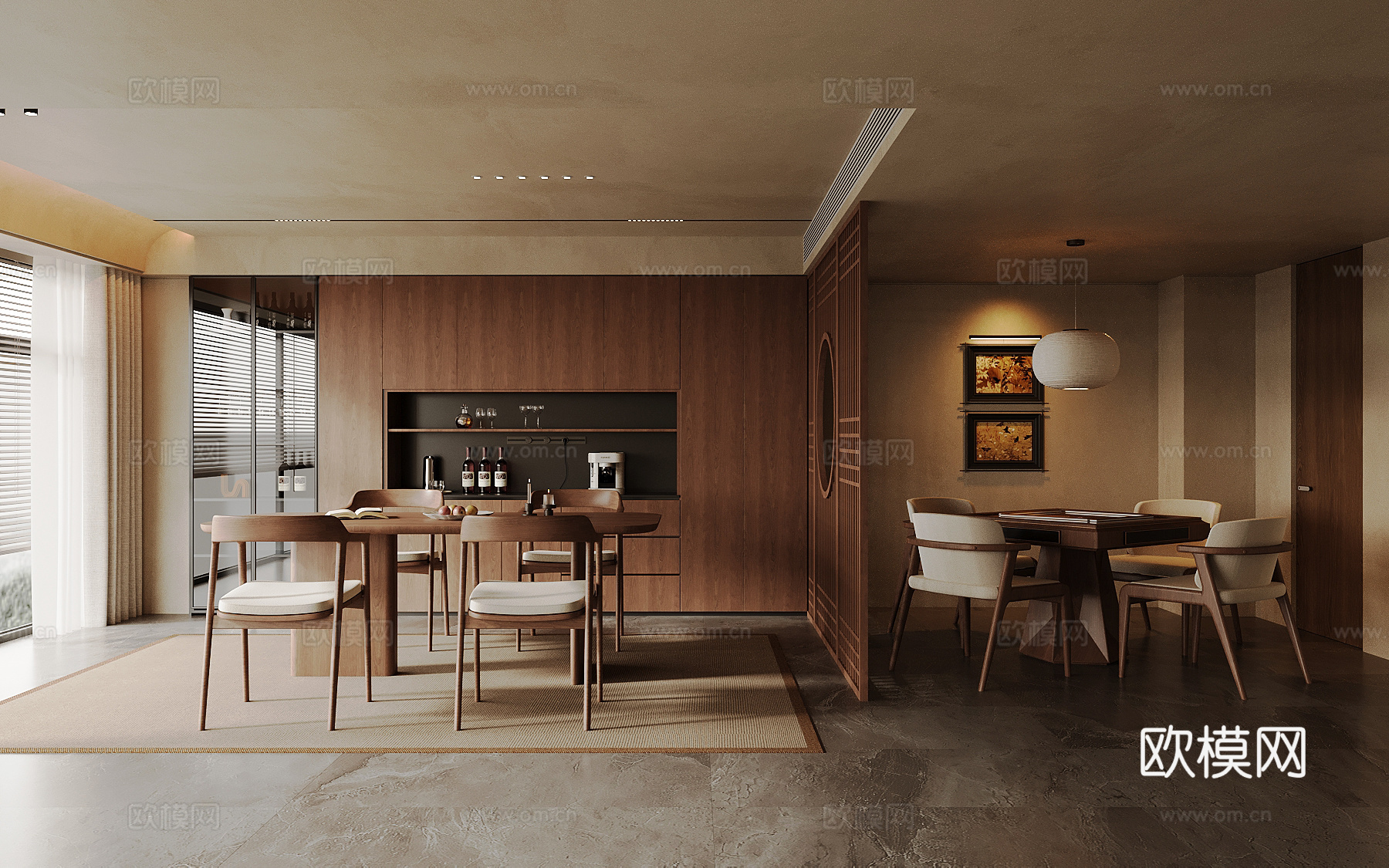 中古风包厢 餐桌椅 餐边柜 麻将桌su模型