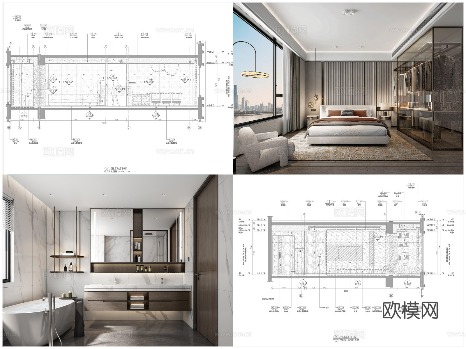 3套轻奢样板间平层 最新全套 效果图 施工图设计cad施工图