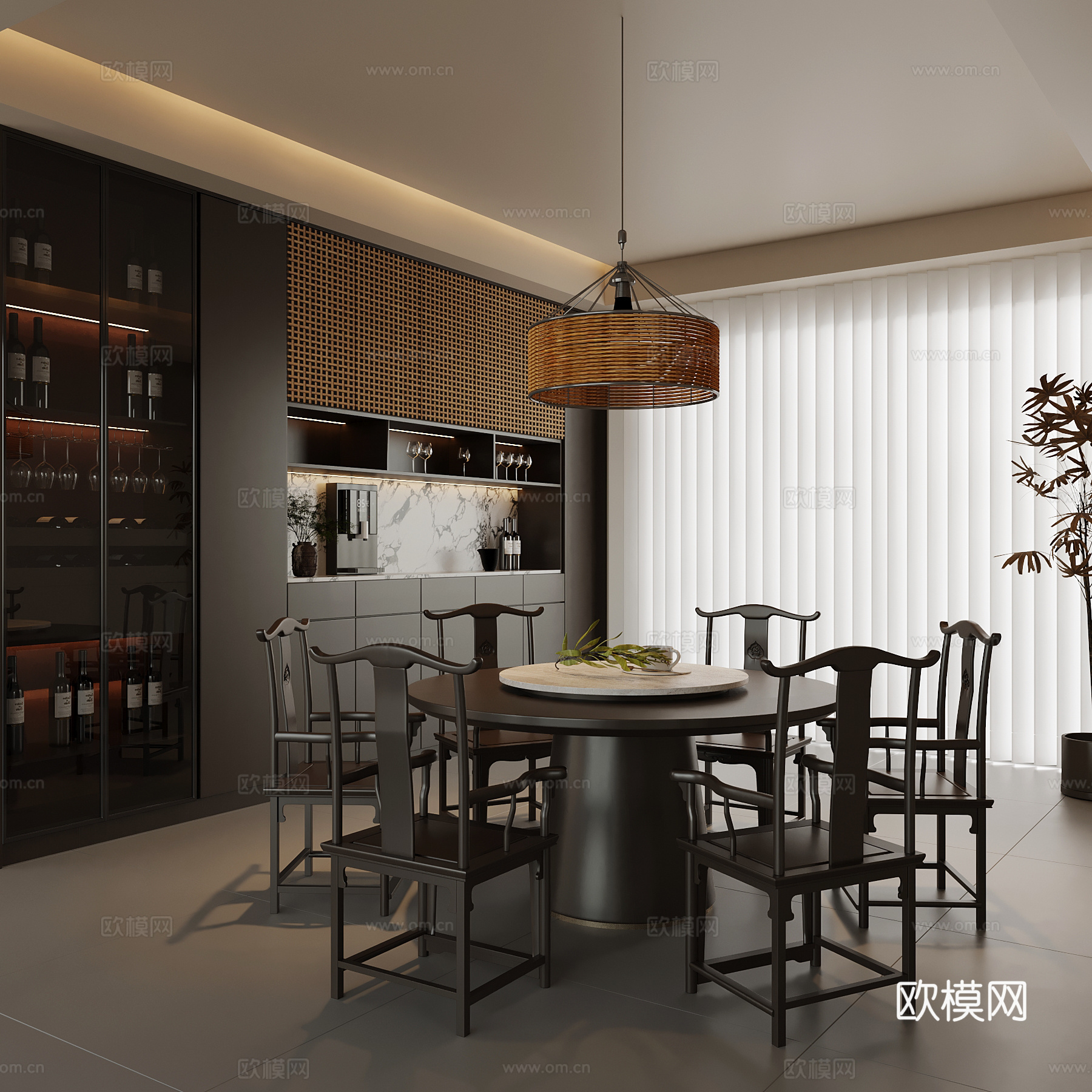 新中式餐厅 餐桌椅 酒柜su模型