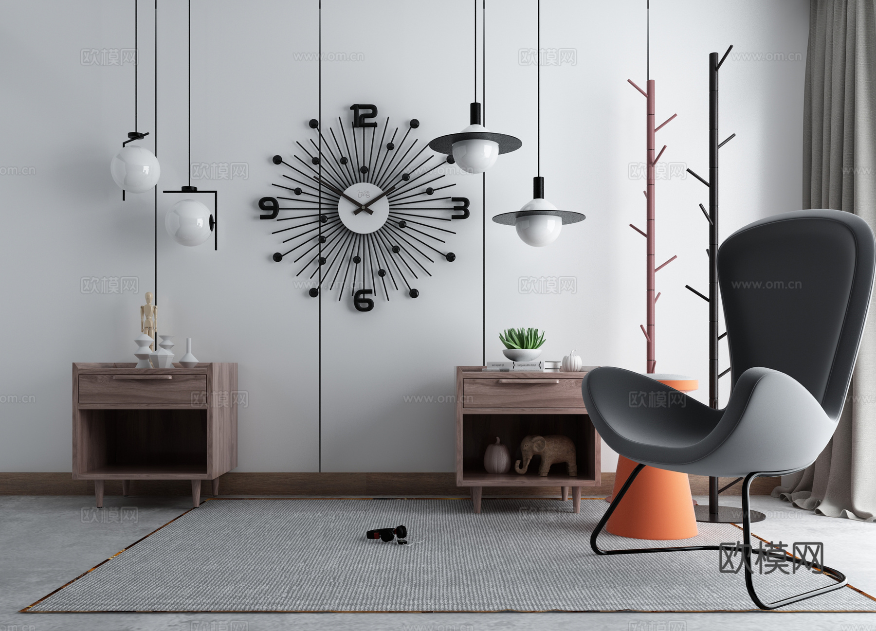 现代沙发茶几吊灯衣架组合3d模型下载（渲染图2）