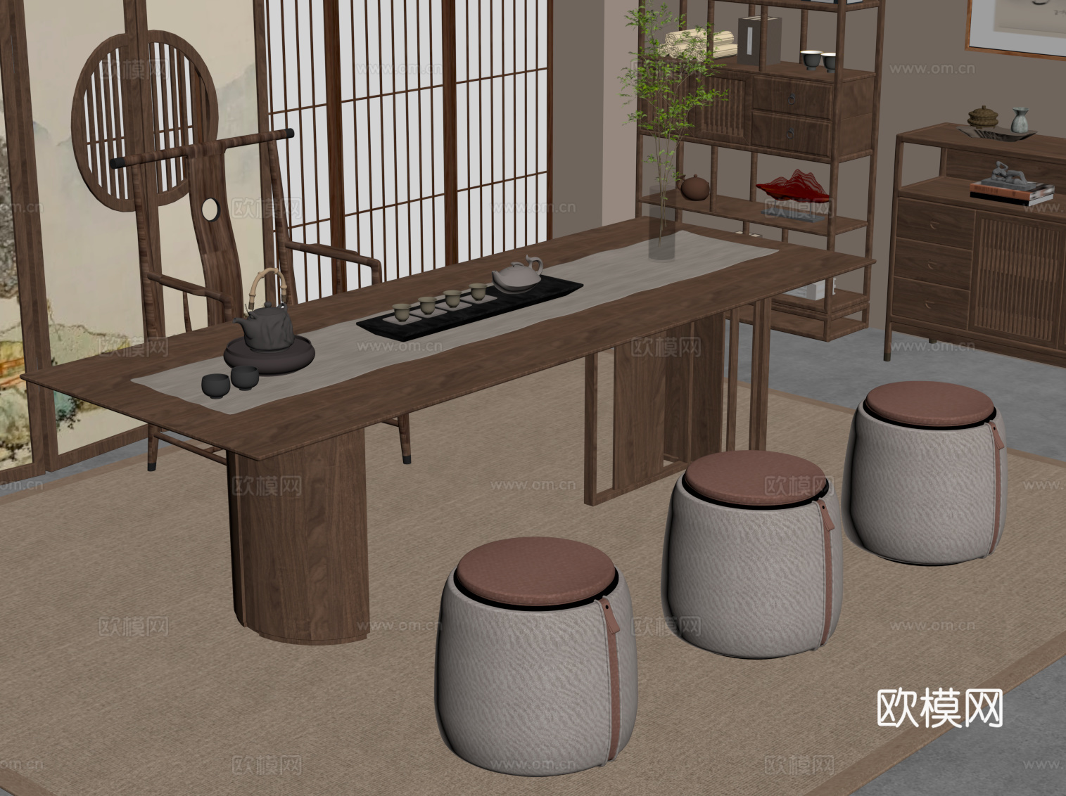新中式茶室 茶桌椅su模型
