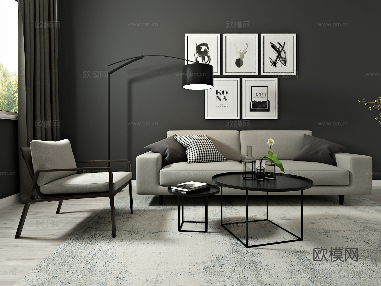 北欧沙发 茶几 装饰画 单椅 挂画 落地灯3d模型下载（渲染图1）