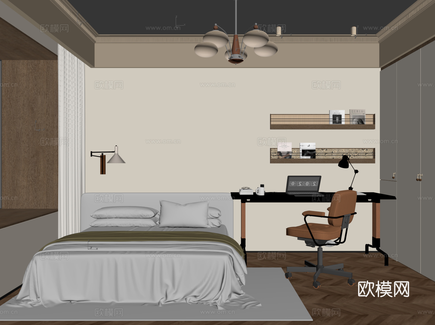 中古风卧室 双人床su模型