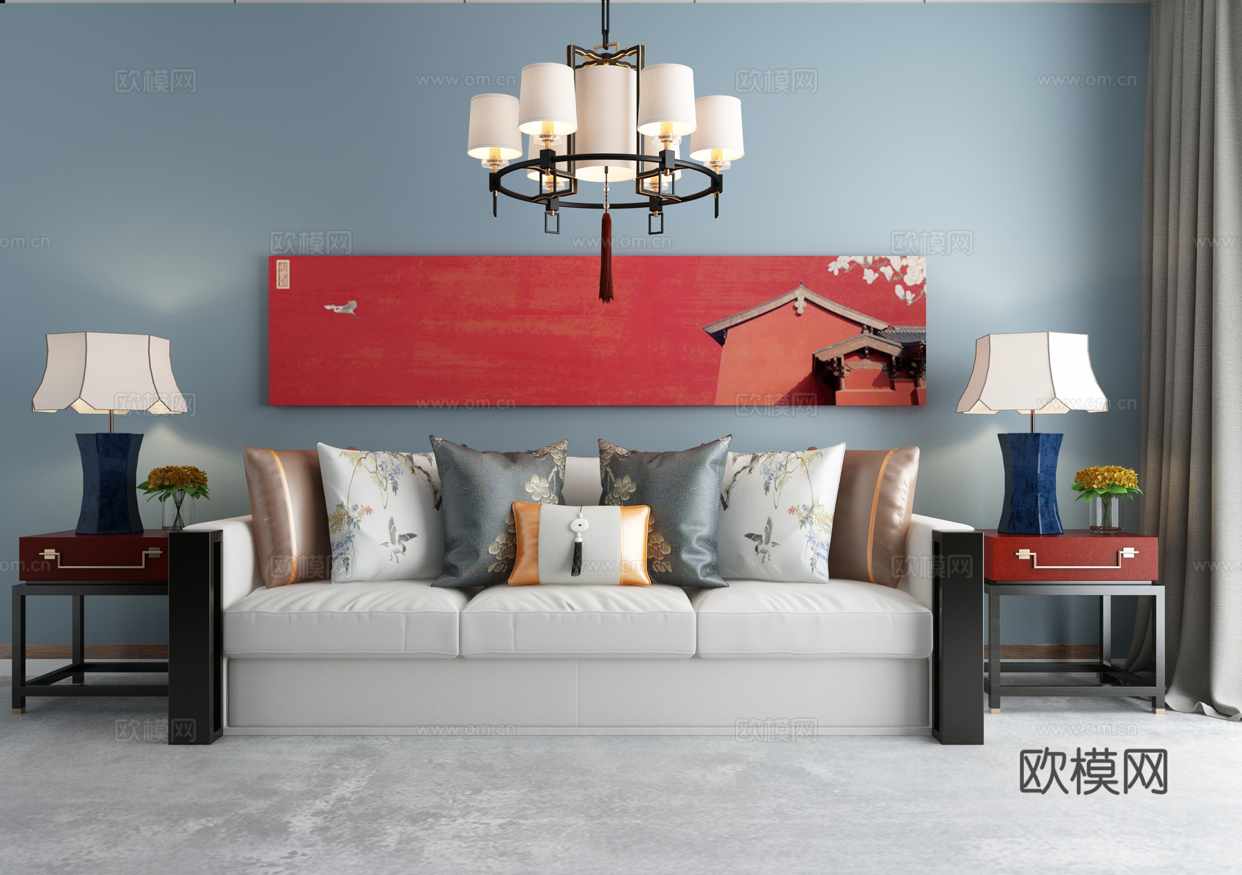 禅意中式沙发茶几吊灯组合3d模型下载（渲染图1）