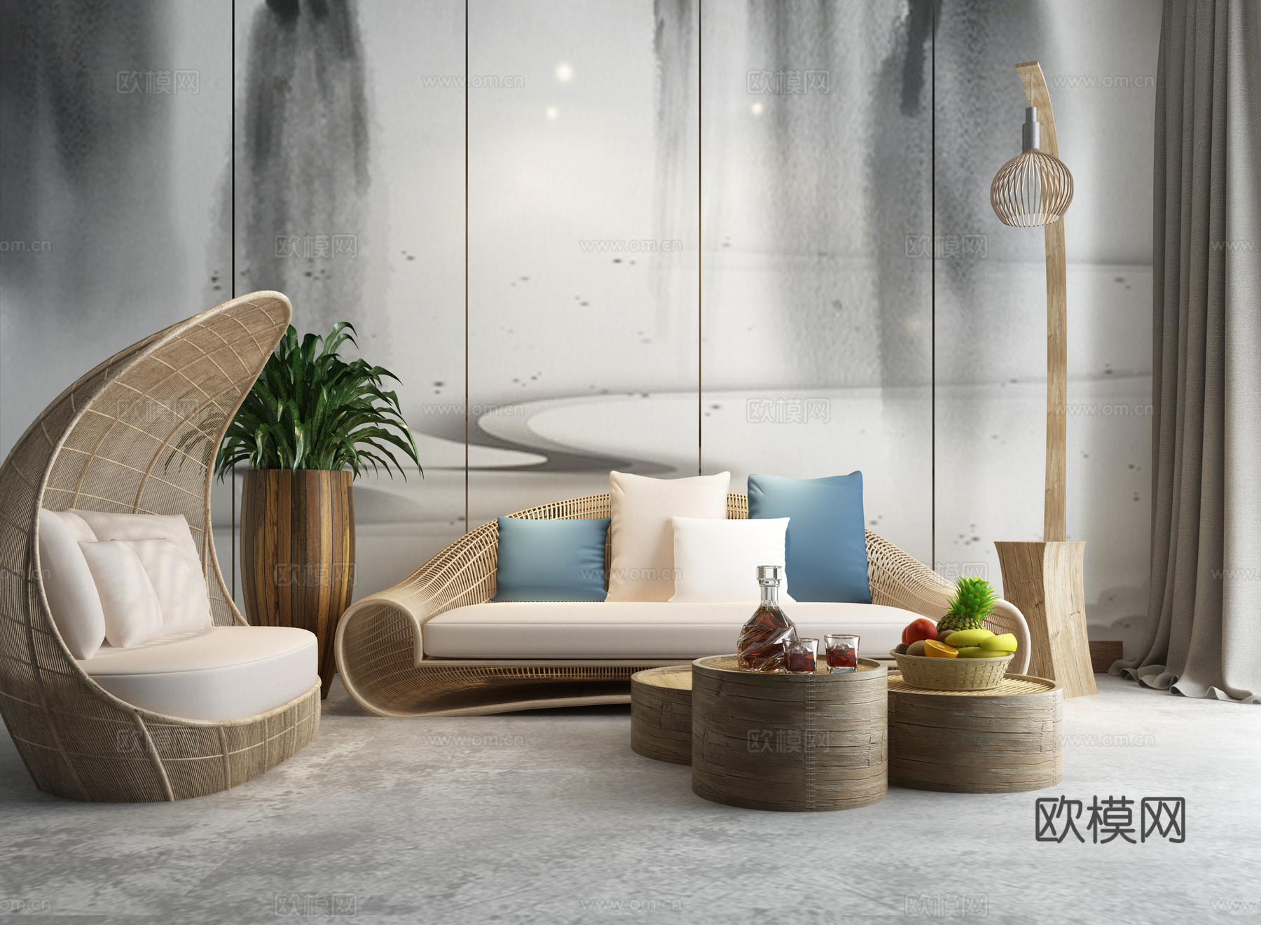 新中式家具 沙发茶几组合3d模型下载（渲染图2）