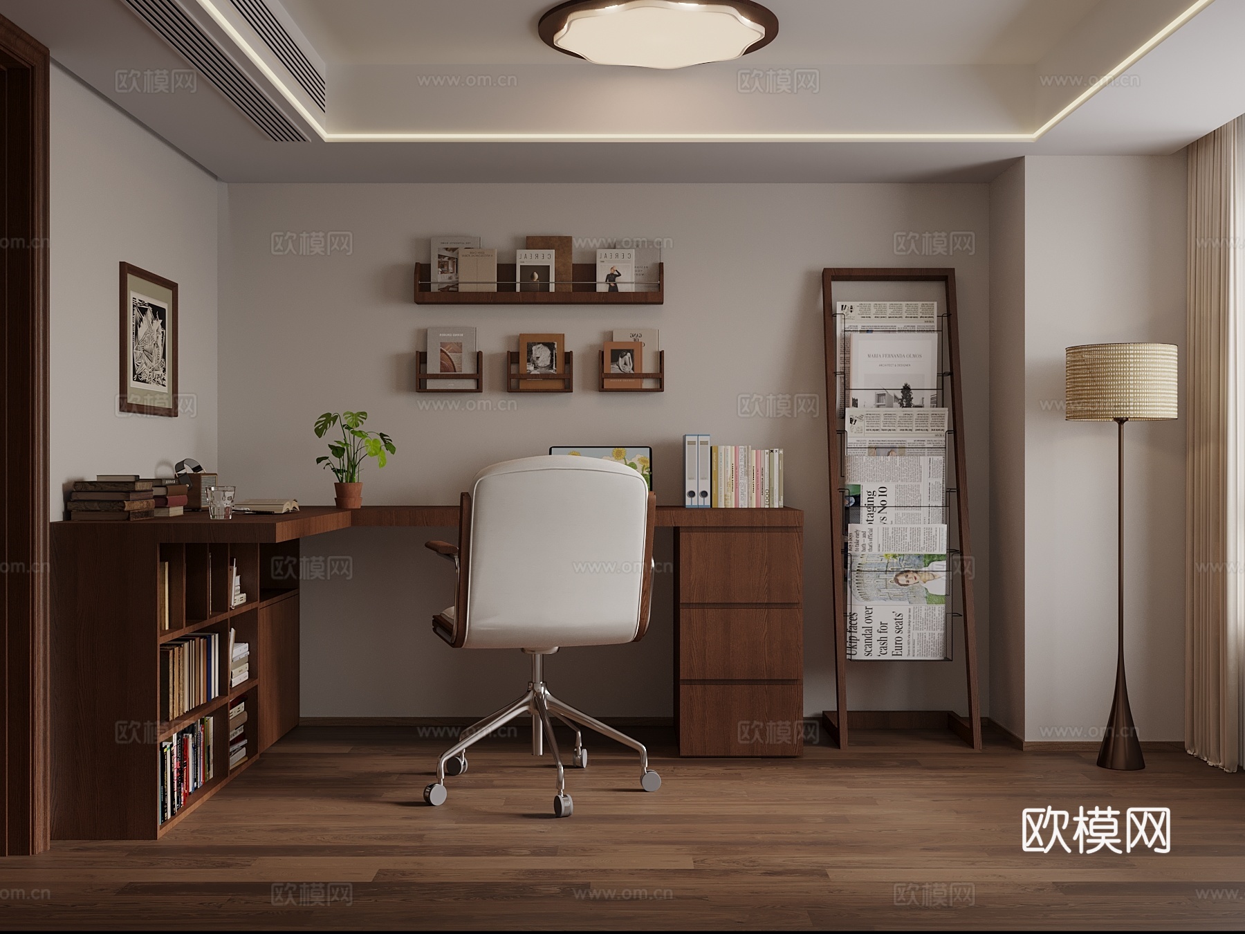 中古风书房 书桌椅 书架su模型