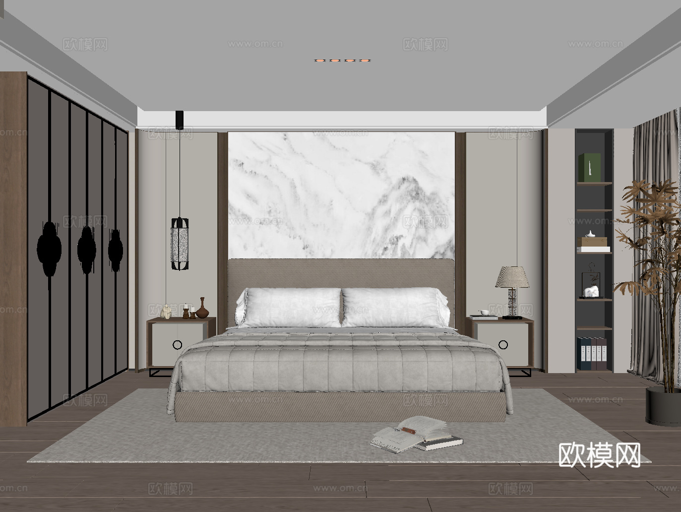 新中式卧室 双人床 衣柜su模型