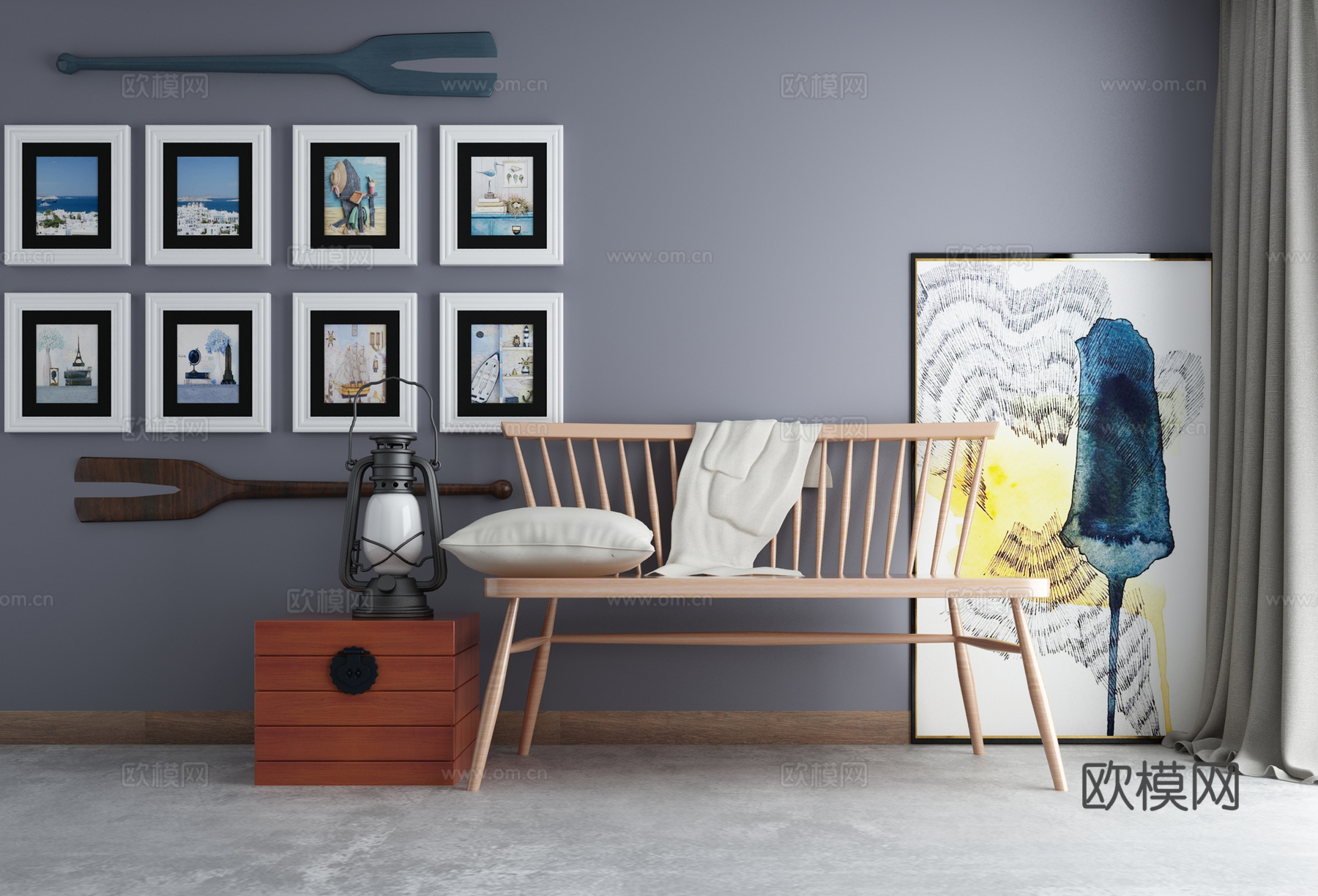 现代北欧地中海沙发茶几组合3d模型下载（渲染图1）