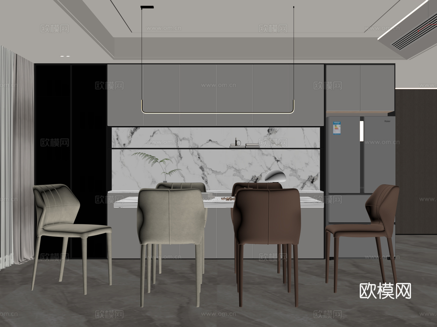 现代餐厅 餐桌椅 餐边柜 酒柜su模型