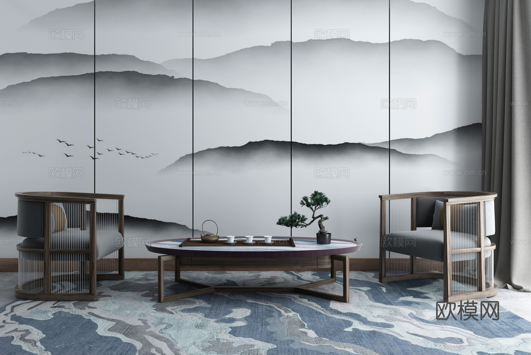 新中式沙发茶几组合3d模型