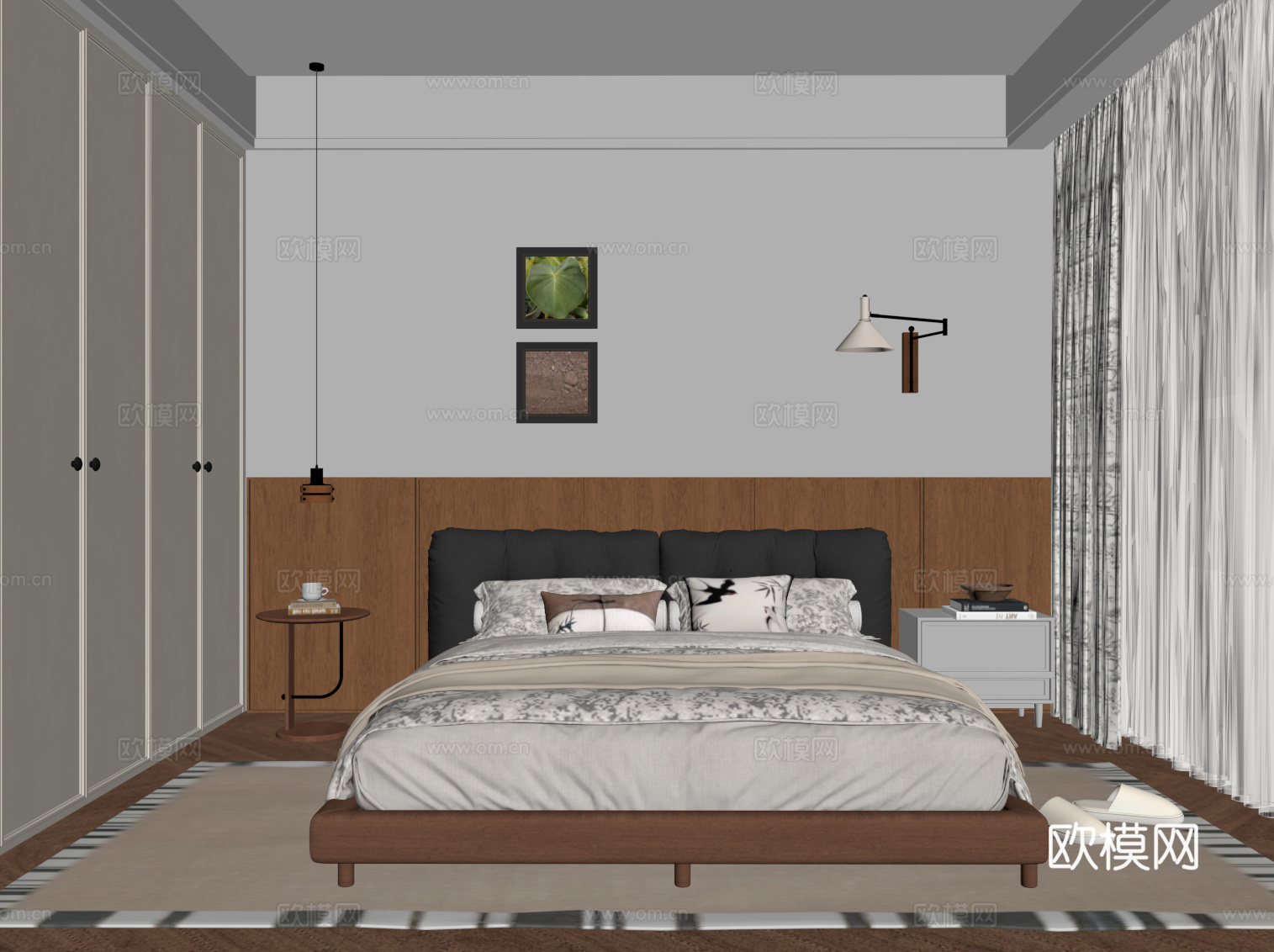 中古风卧室 床 衣柜su模型