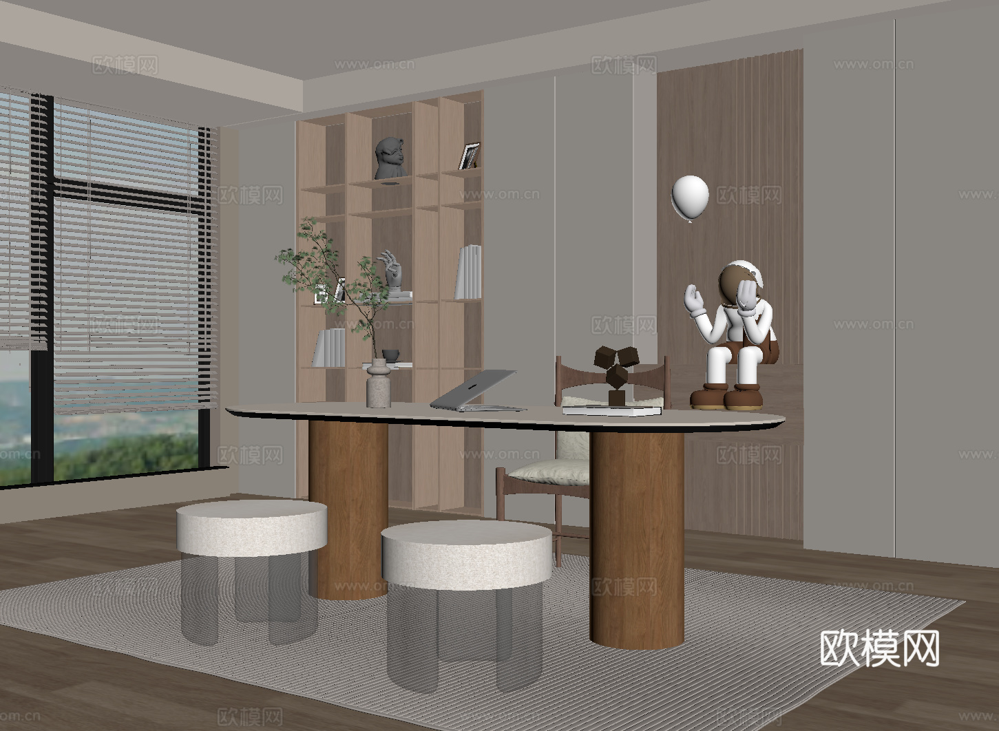 奶油风书房 书桌椅 书柜su模型