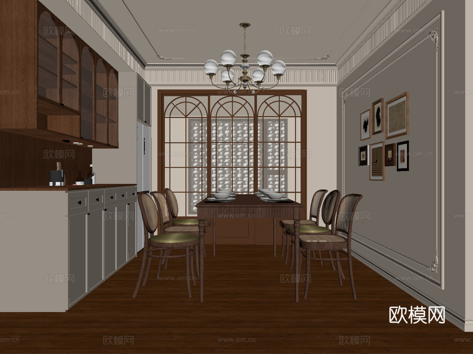 法式餐厅 餐桌椅 餐柜su模型
